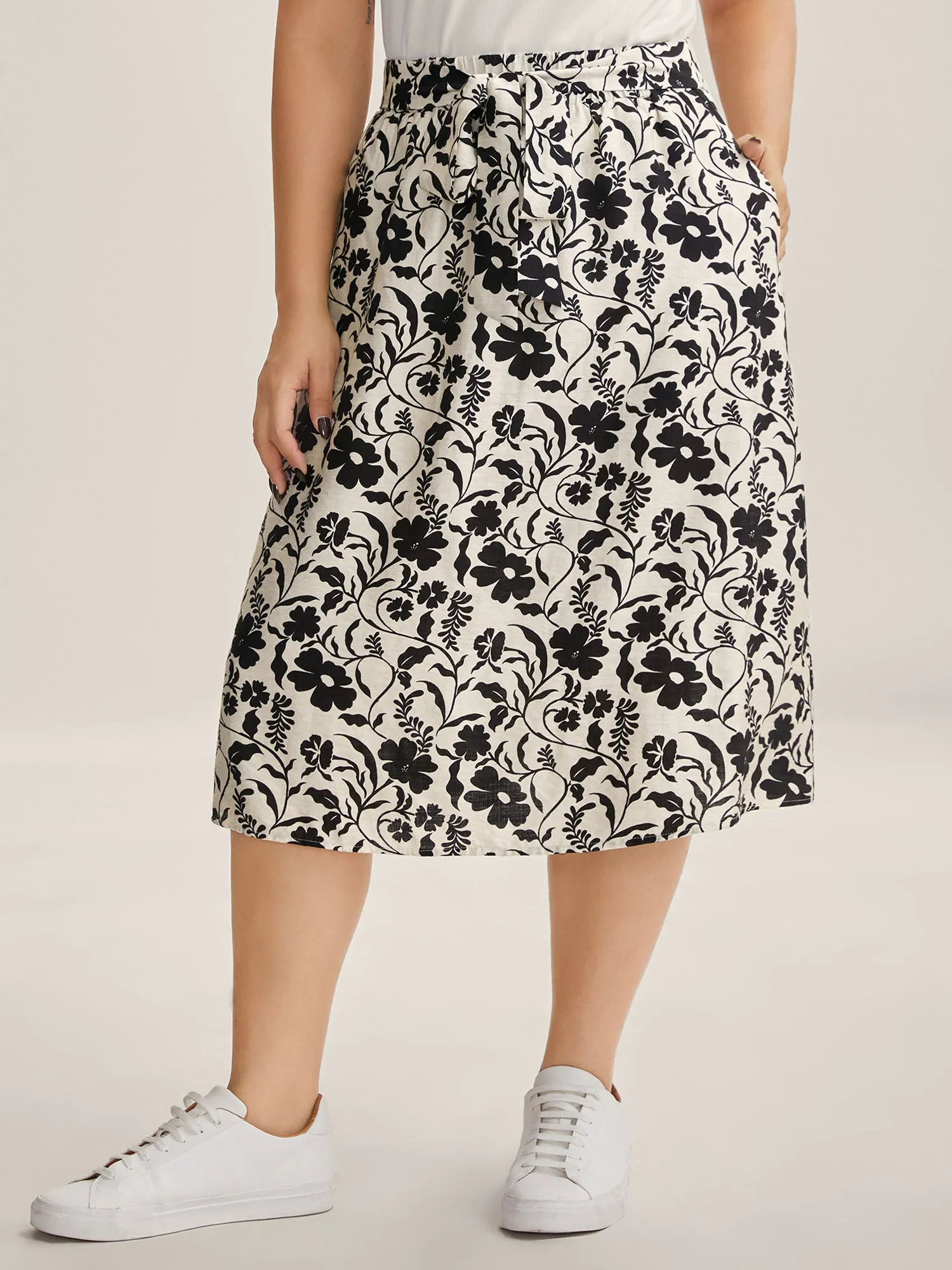 Floral Print Belted Midi A-Line Skirt sold by Bloomchic