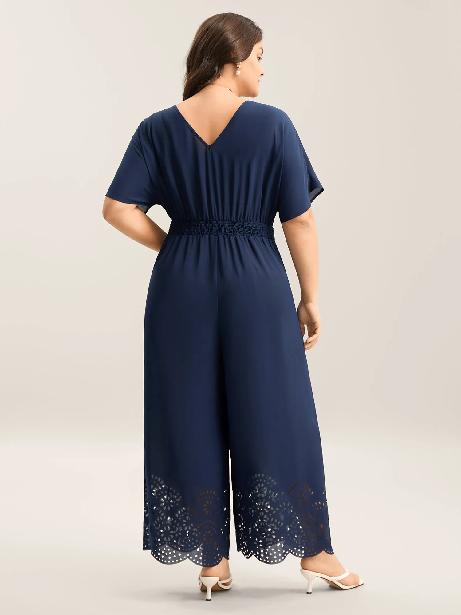 Laser-Cut Hem Shirred Wide-Leg Jumpsuit sold by Bloomchic product image thumbnail 4