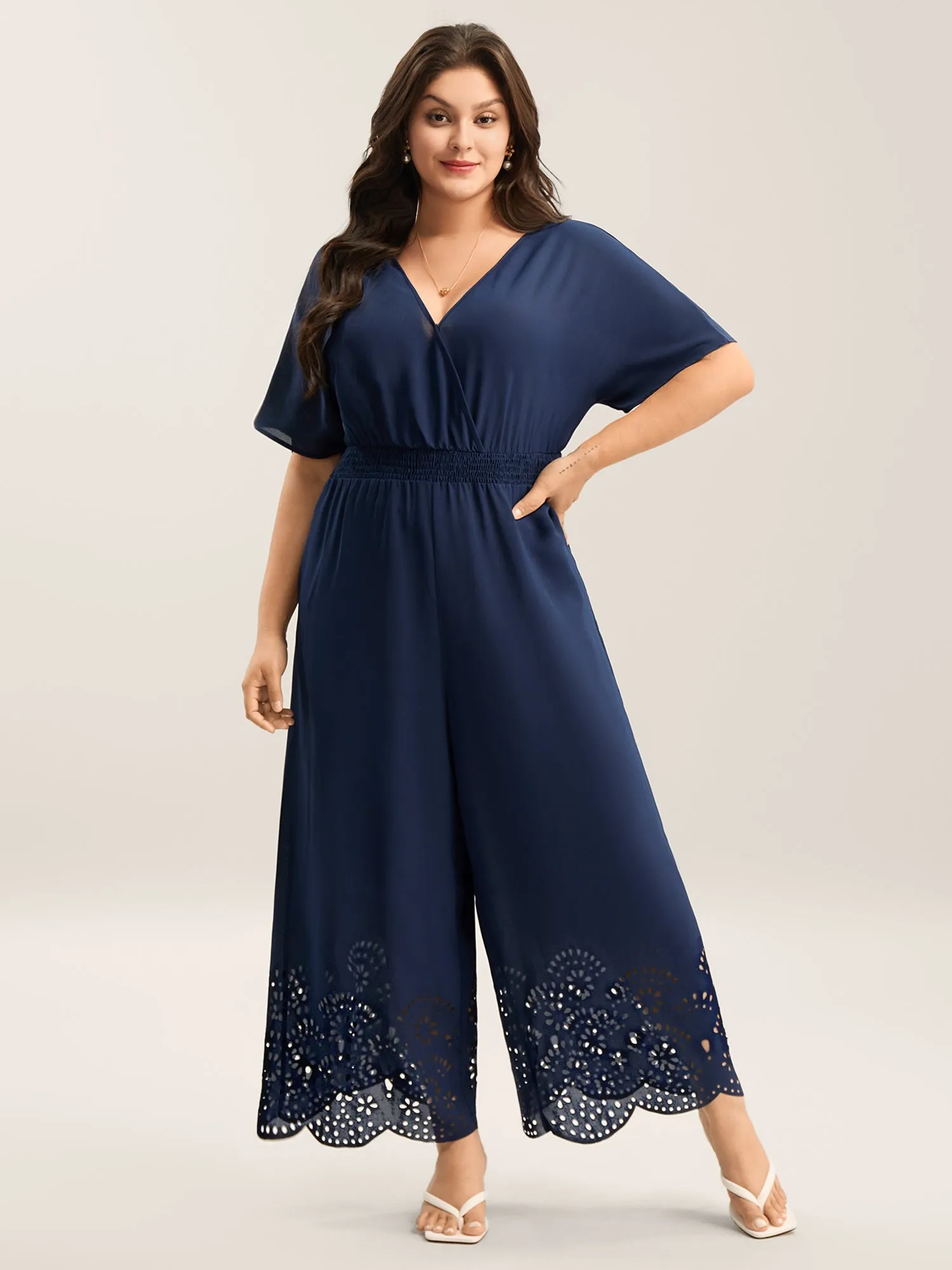 Laser-Cut Hem Shirred Wide-Leg Jumpsuit sold by Bloomchic