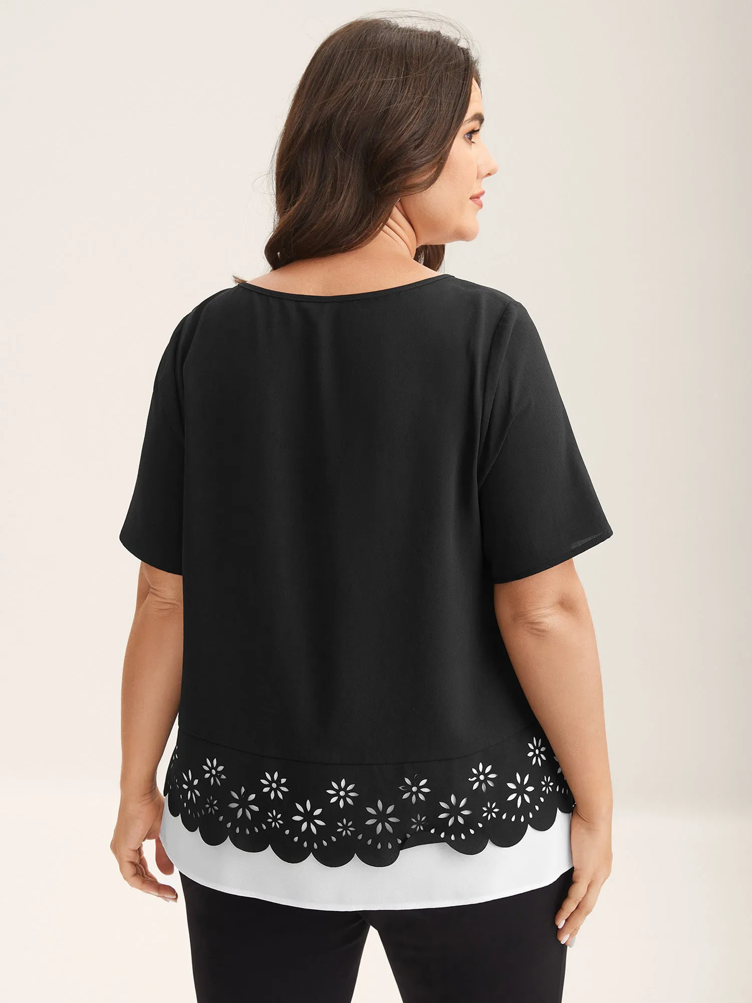 Laser Cut Patchwork Round Neck Blouse sold by Bloomchic product image thumbnail 3