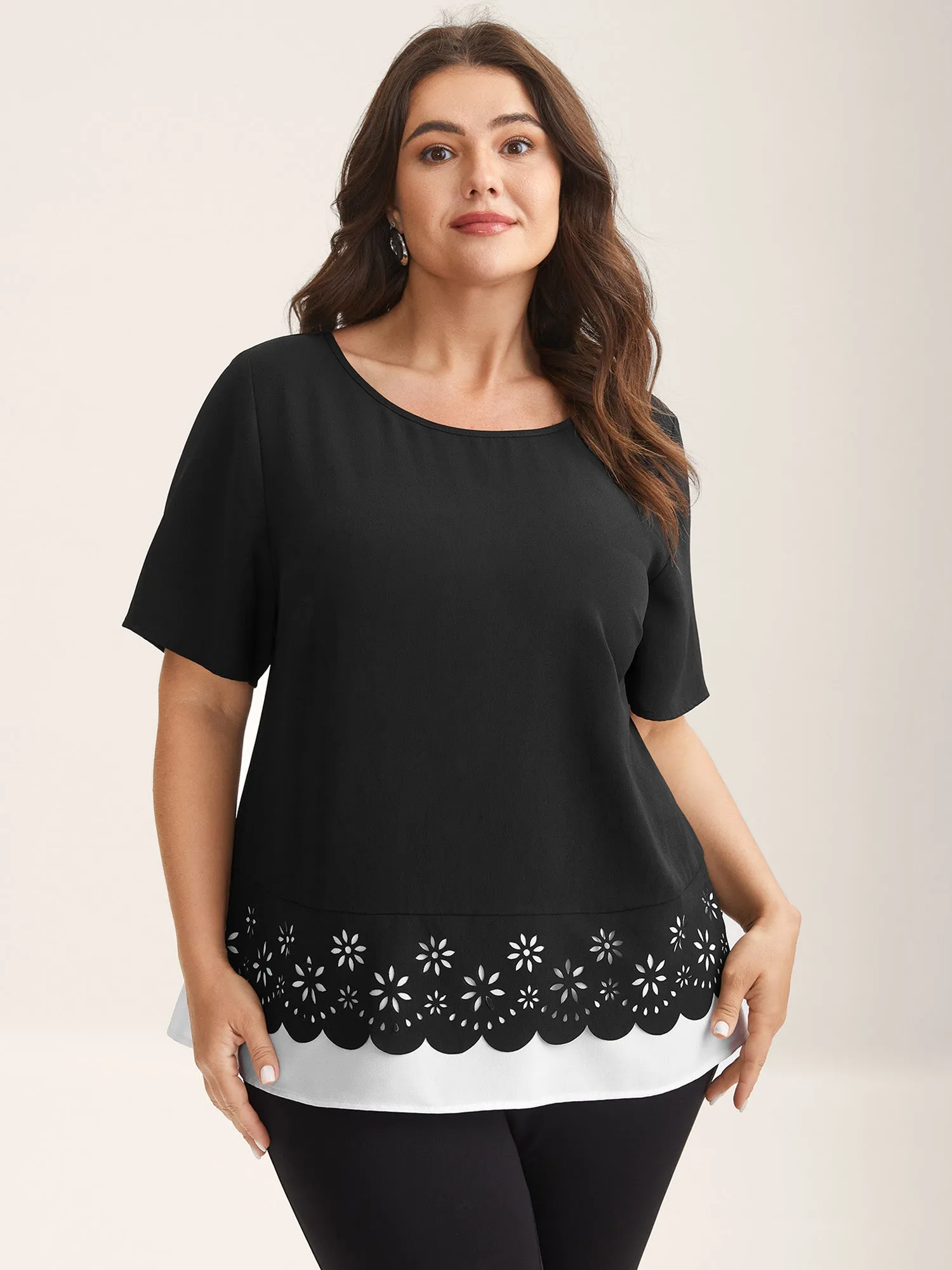Laser Cut Patchwork Round Neck Blouse sold by Bloomchic