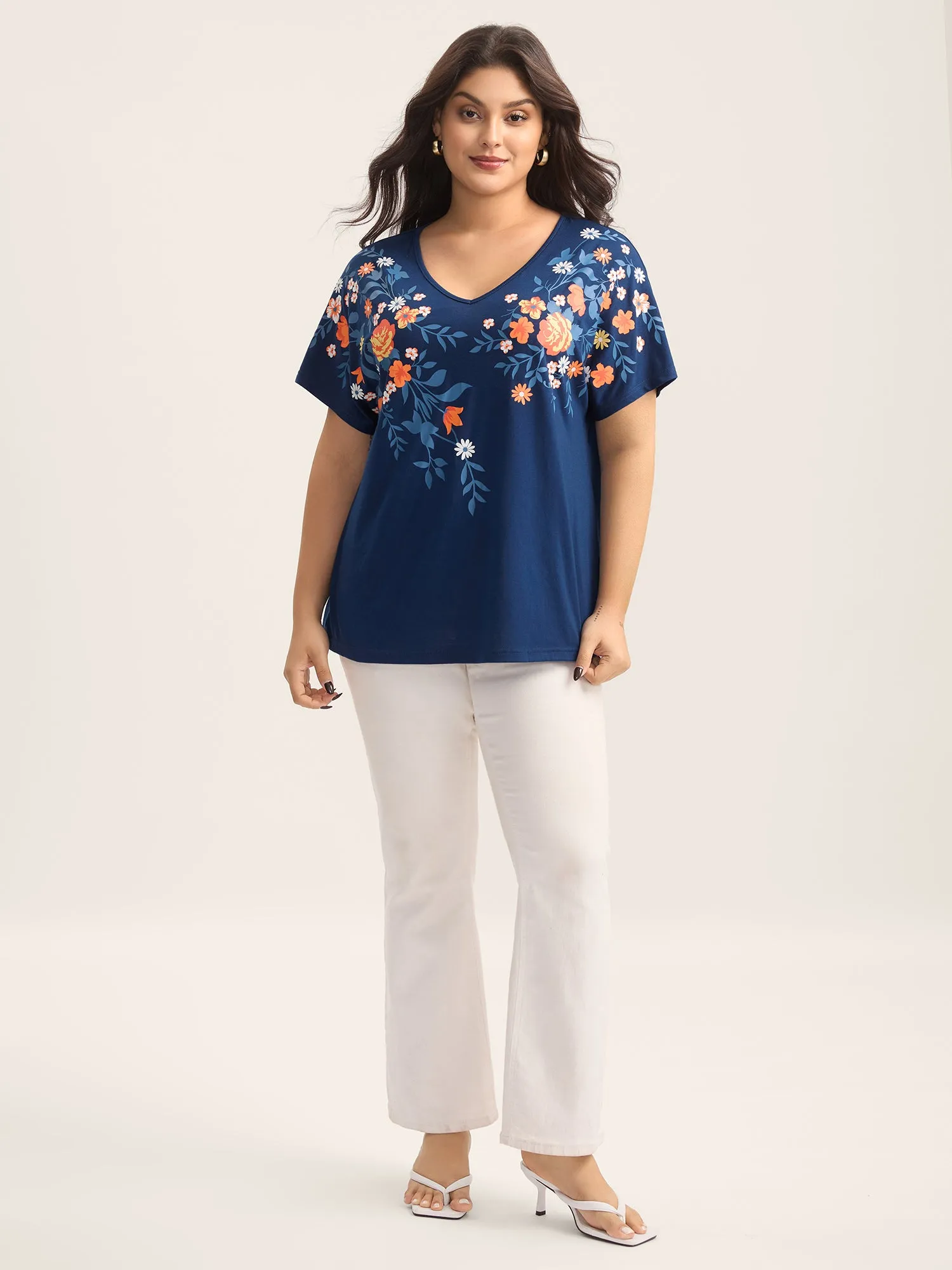 V Neck Floral Print Stretchy T-Shirt sold by Bloomchic product image thumbnail 3