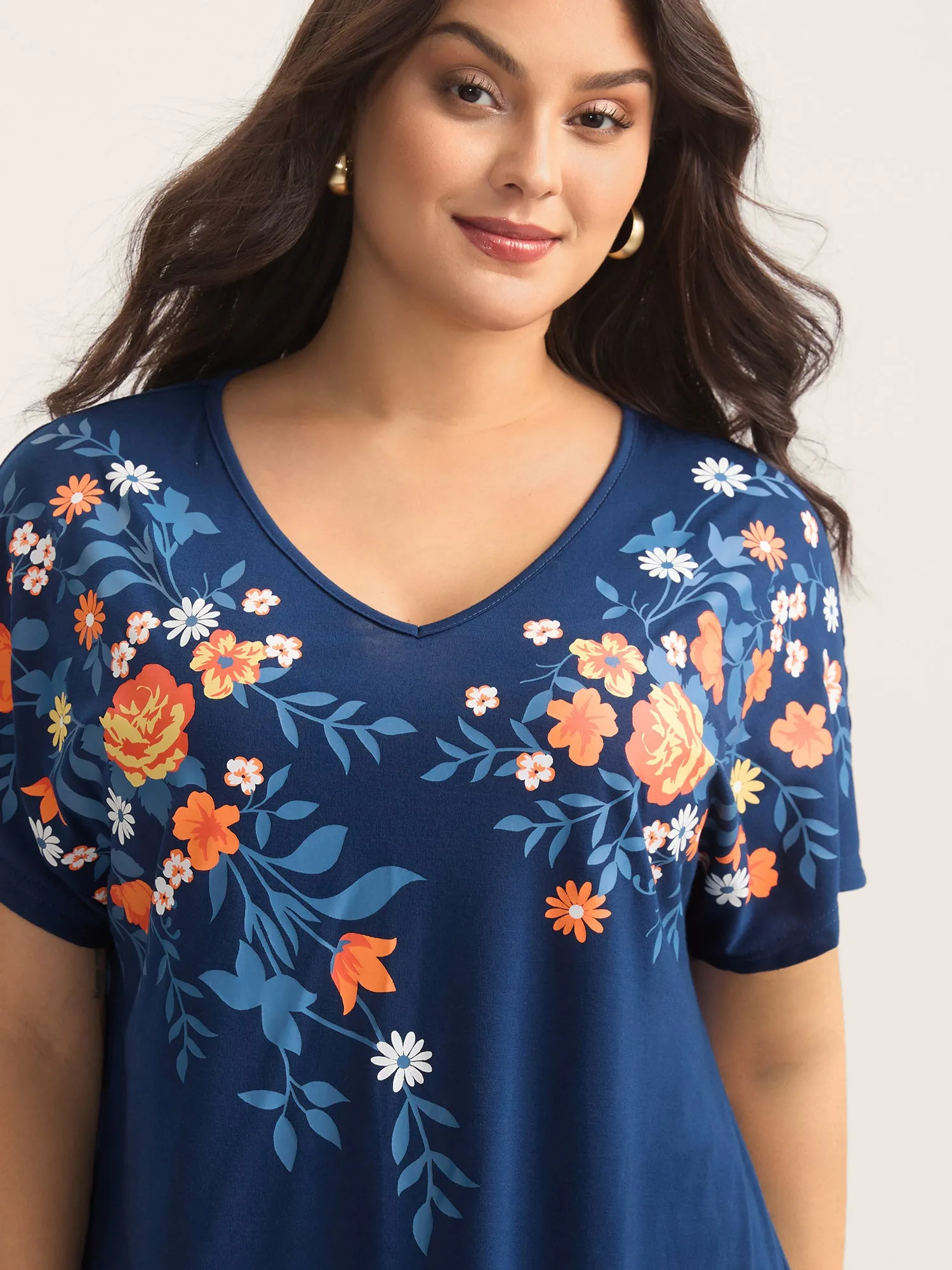 V Neck Floral Print Stretchy T-Shirt sold by Bloomchic product image thumbnail 4