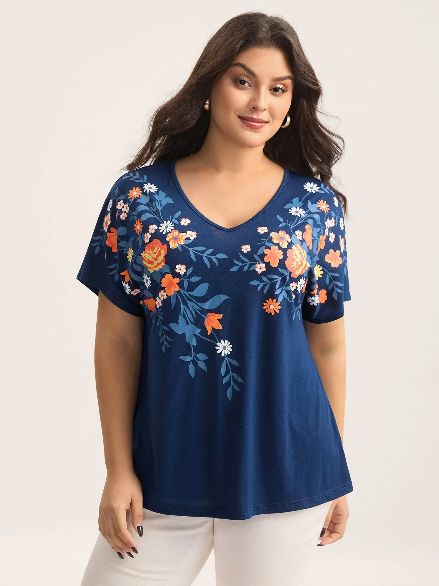 V Neck Floral Print Stretchy T-Shirt sold by Bloomchic