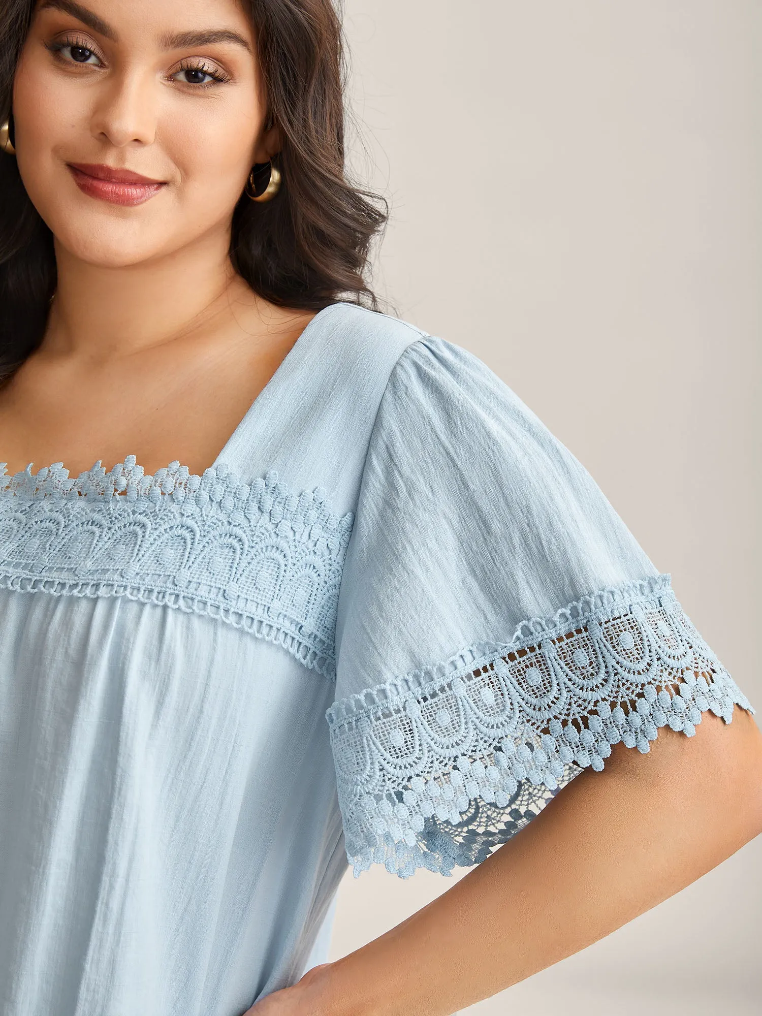 Lace Trim Spliced Solid Blouse sold by Bloomchic