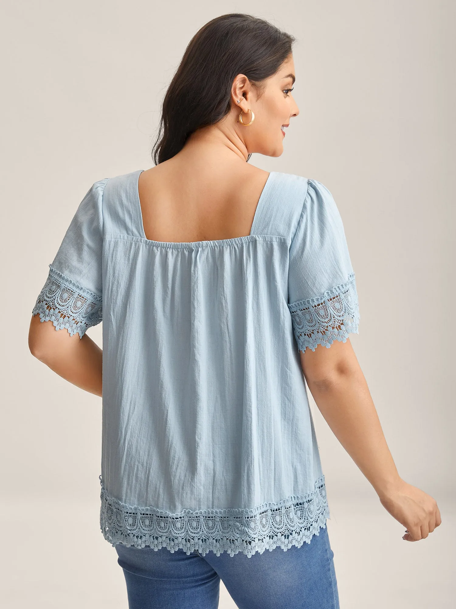 Lace Trim Spliced Solid Blouse sold by Bloomchic product image thumbnail 4