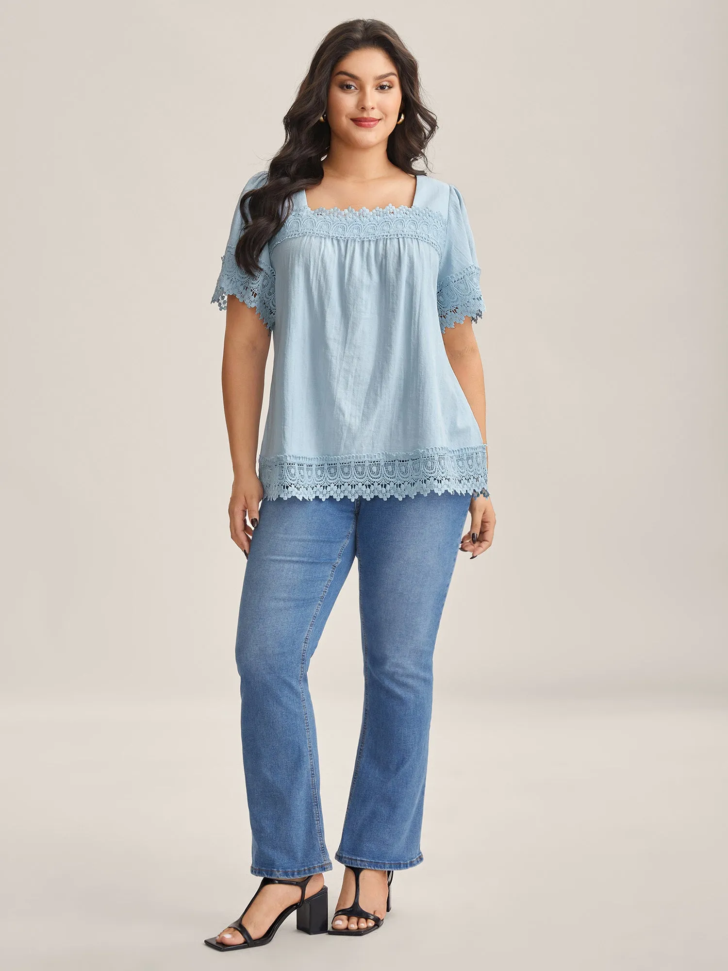Lace Trim Spliced Solid Blouse sold by Bloomchic product image thumbnail 3