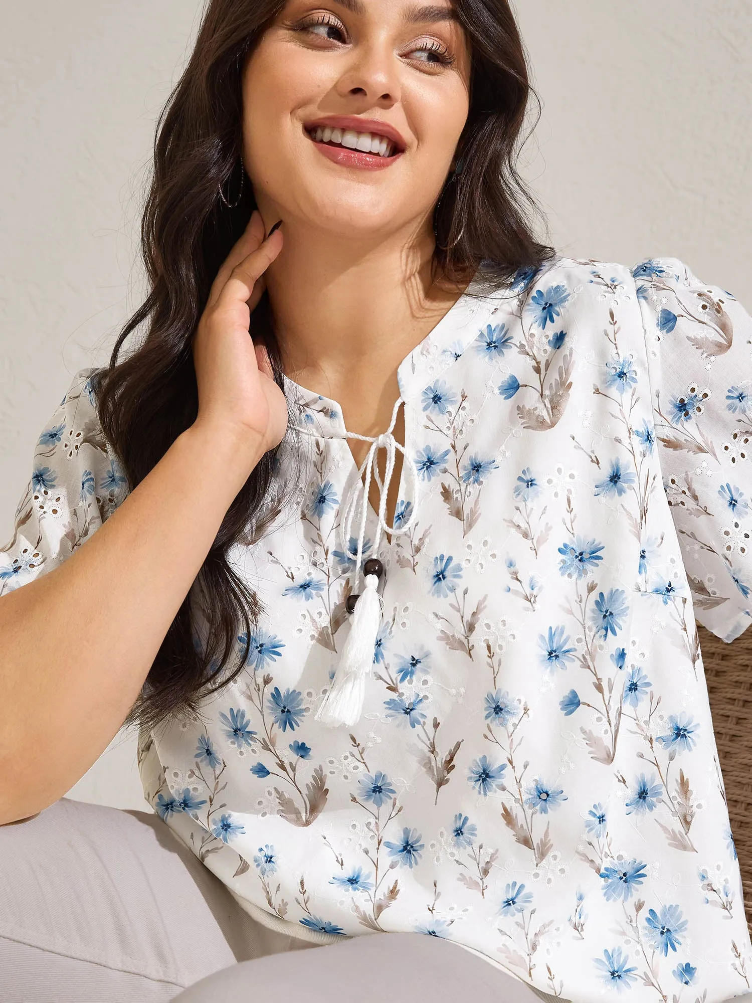 Cotton Embroidered Tassel Tie Flowy Blouse sold by Bloomchic