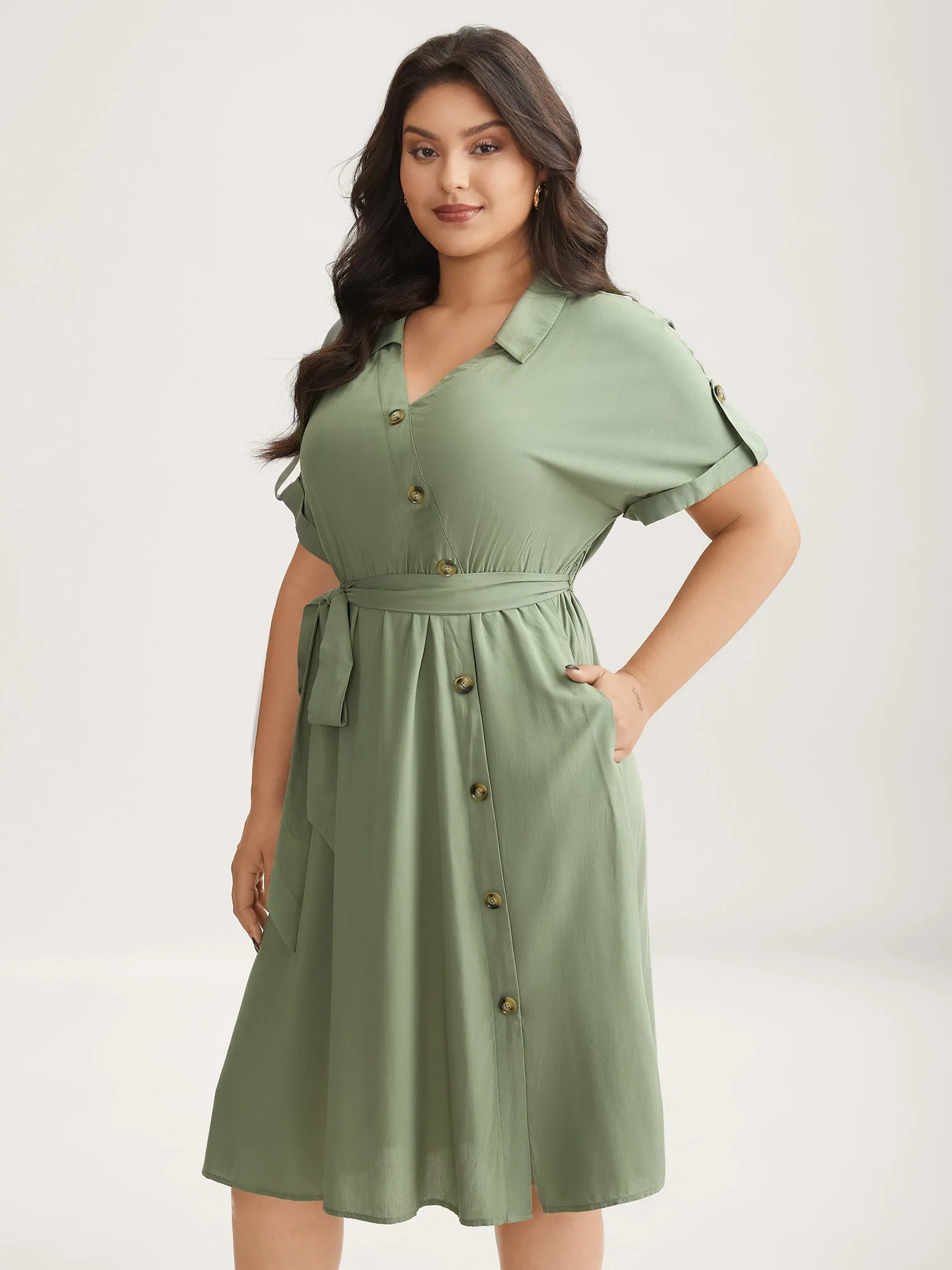 Rayon Button Detail Belted Pockets Midi Dress sold by Bloomchic product image thumbnail 3