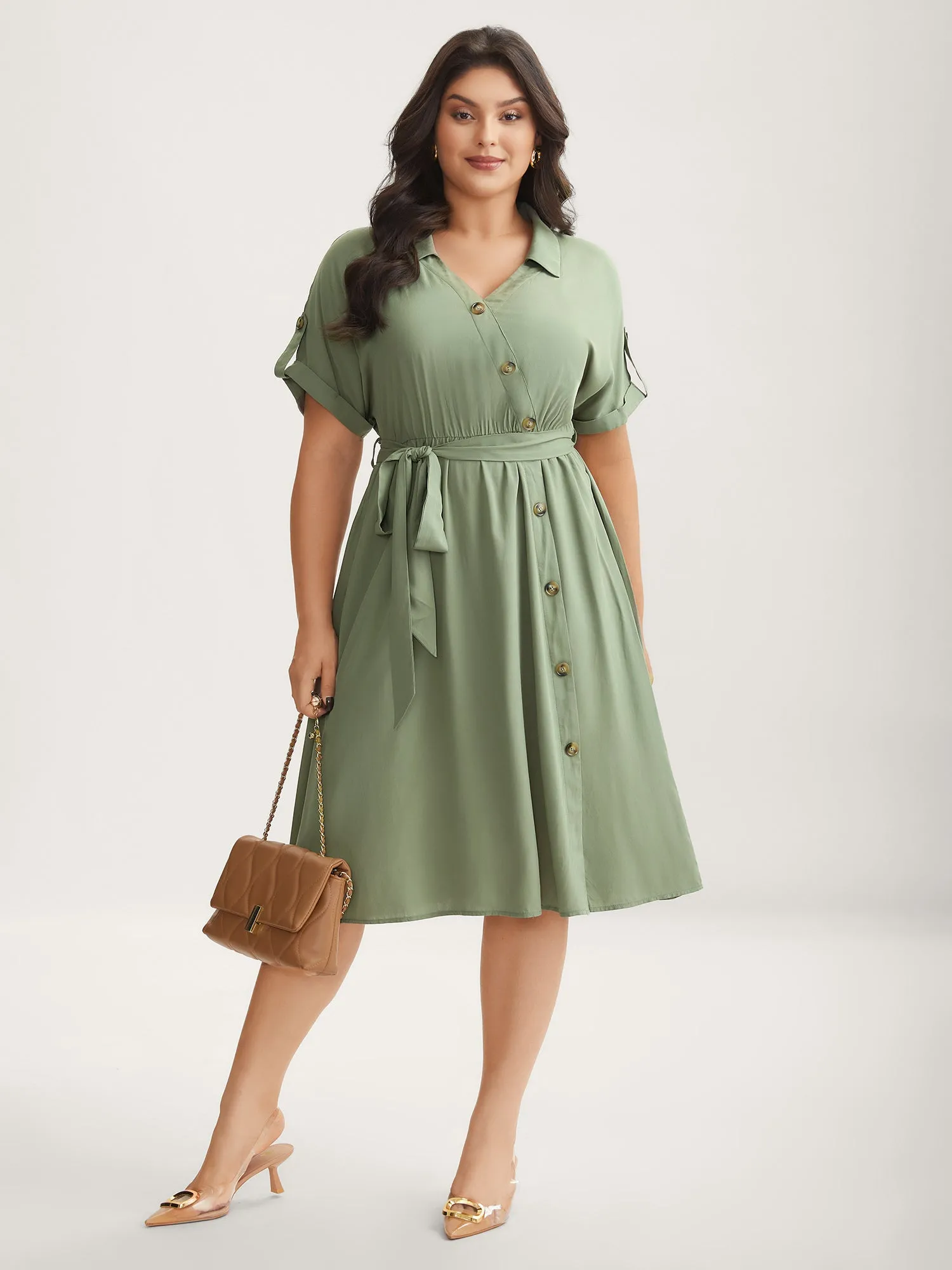 Rayon Button Detail Belted Pockets Midi Dress sold by Bloomchic
