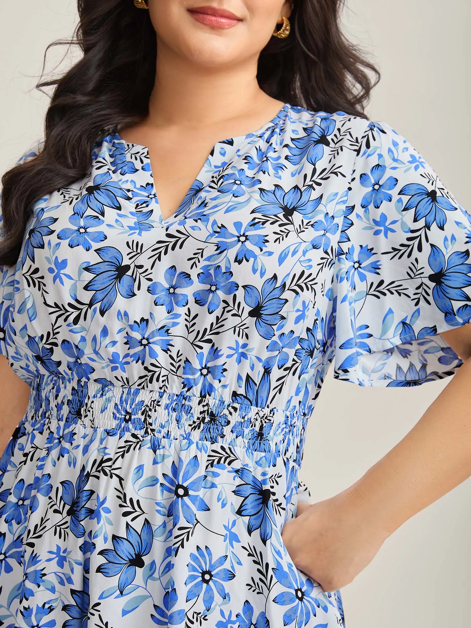 Floral Notched Collar Shirred Waist Blouse sold by Bloomchic product image thumbnail 2