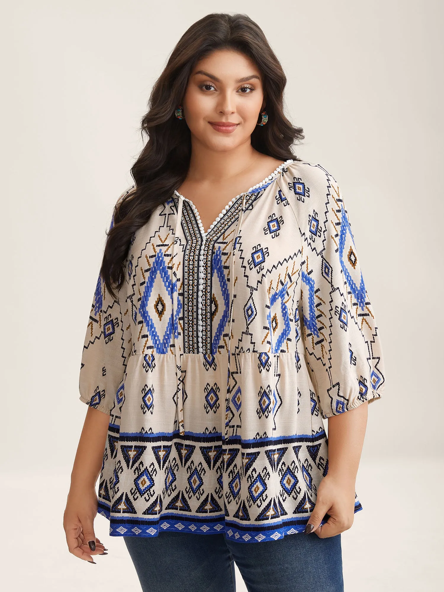 Boho Print Lace Detail Neck Tie Blouse sold by Bloomchic