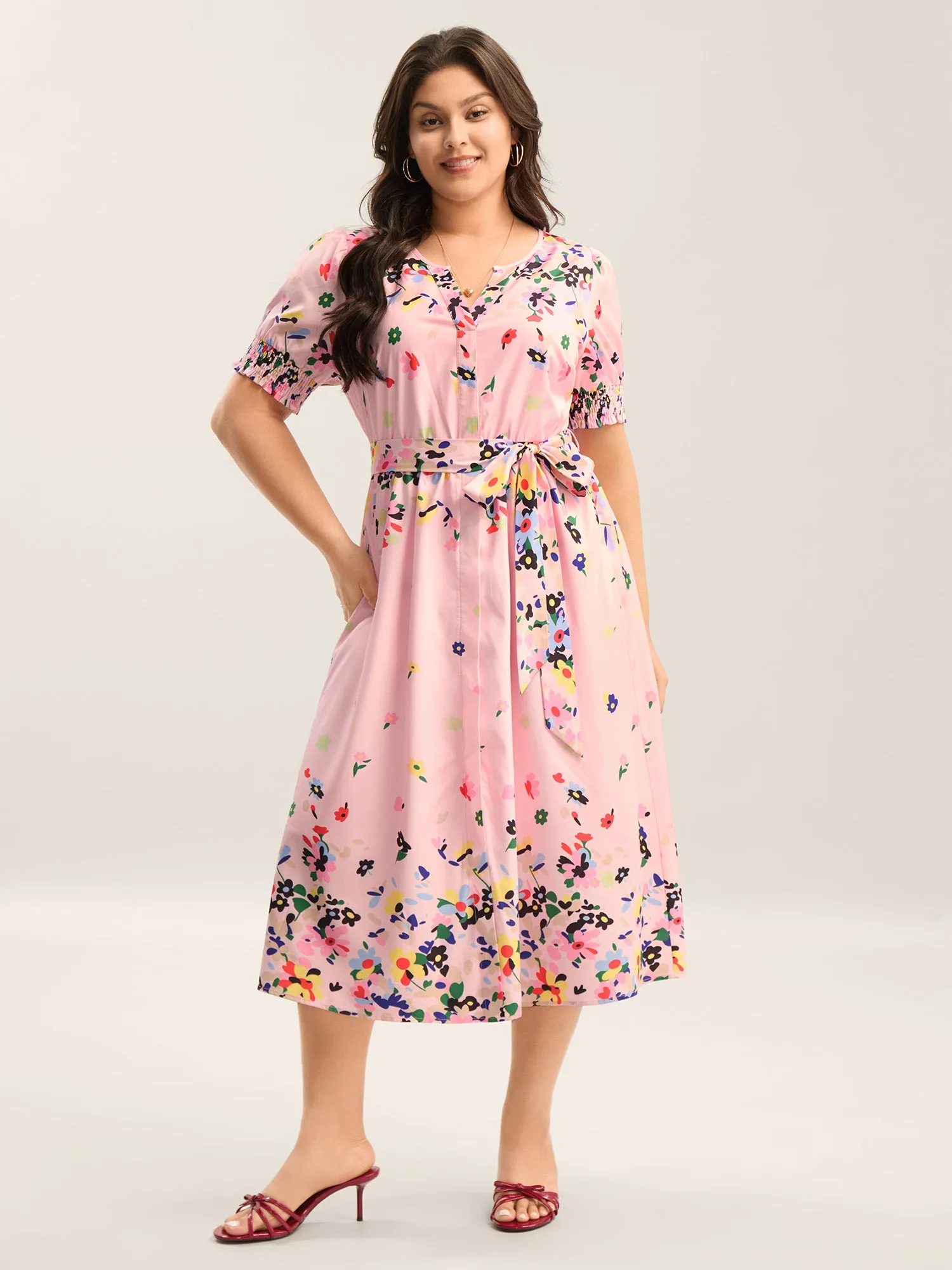 Floral Print Elastic Cuffs Belted Midi Dress sold by Bloomchic product image thumbnail 3