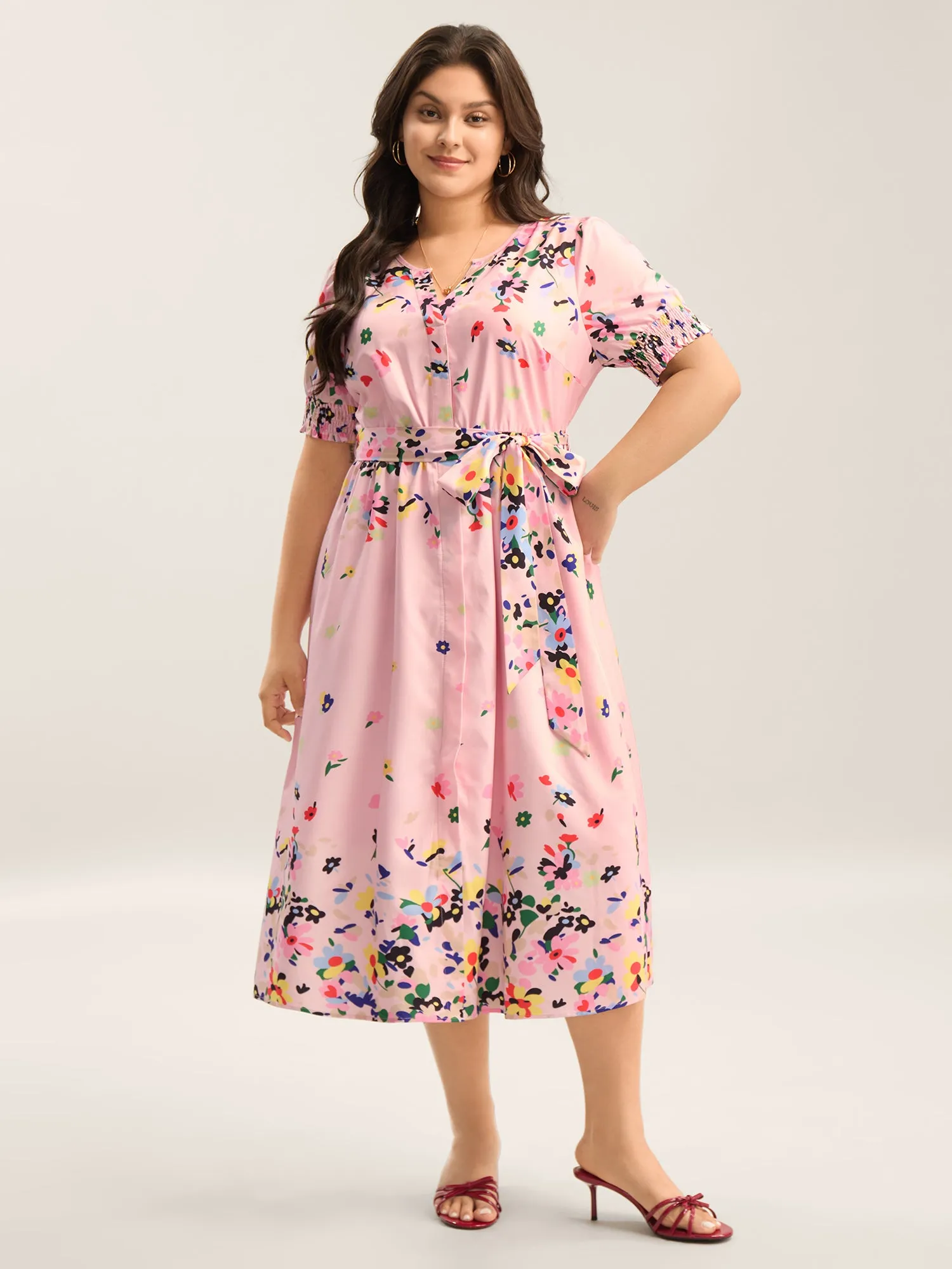 Floral Print Elastic Cuffs Belted Midi Dress sold by Bloomchic product image thumbnail 2