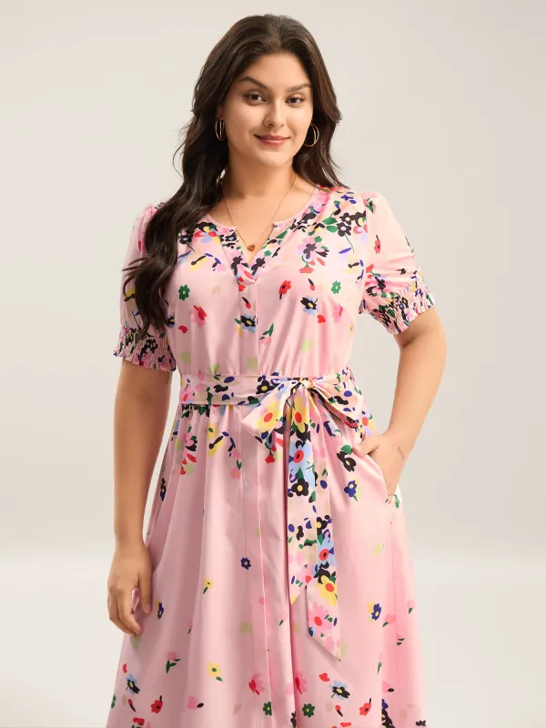 Floral Print Elastic Cuffs Belted Midi Dress sold by Bloomchic
