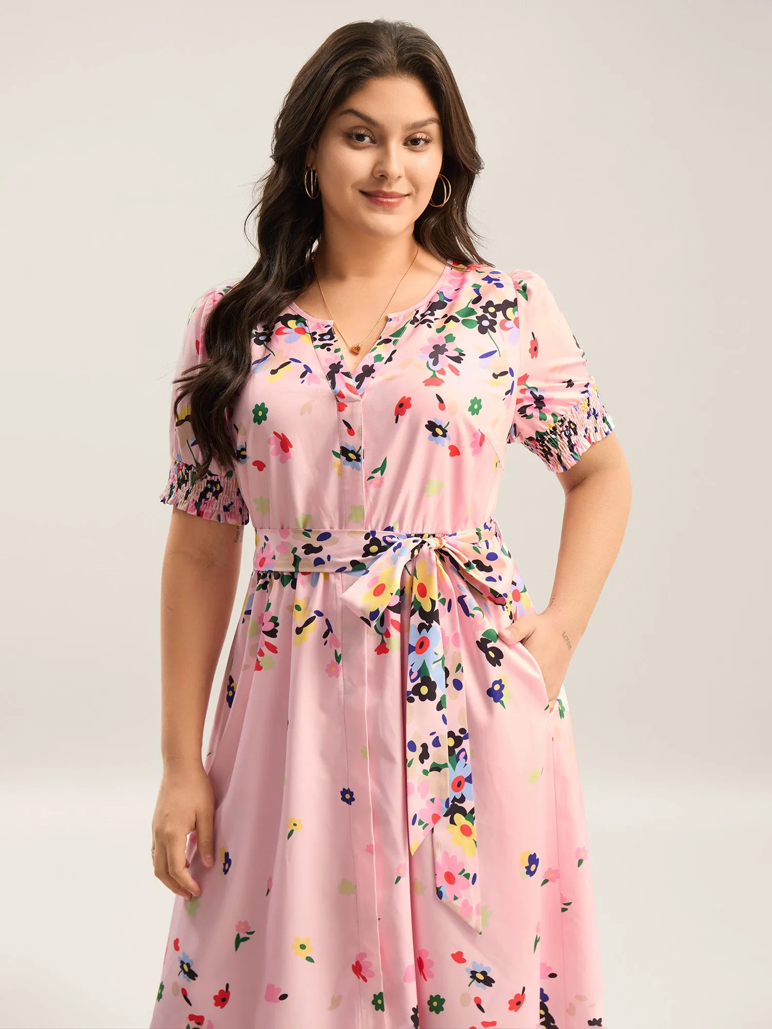 Floral Print Elastic Cuffs Belted Midi Dress sold by Bloomchic