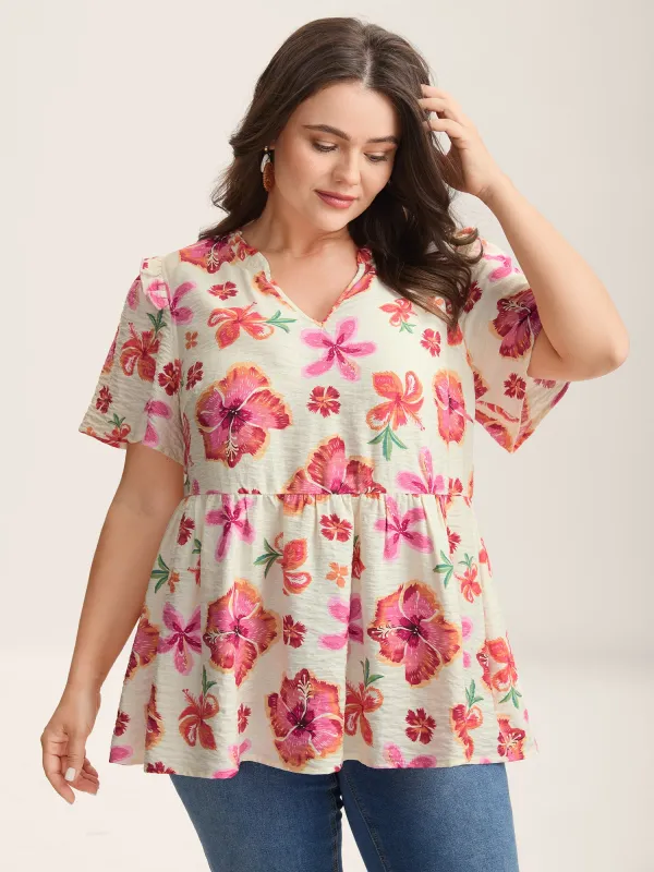 Large Floral Print Notched Collar Blouse sold by Bloomchic