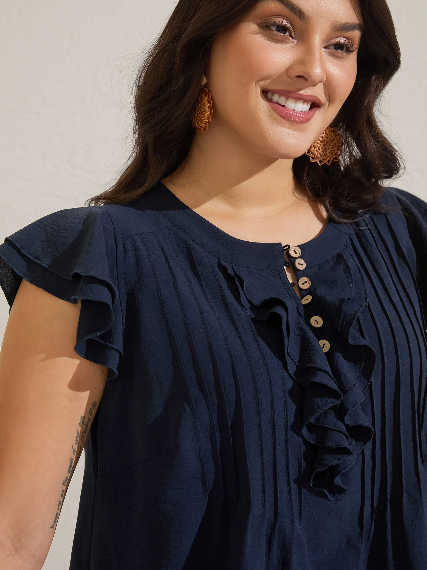 Solid Ruffle Trim Toothpick Pleat Blouse sold by Bloomchic