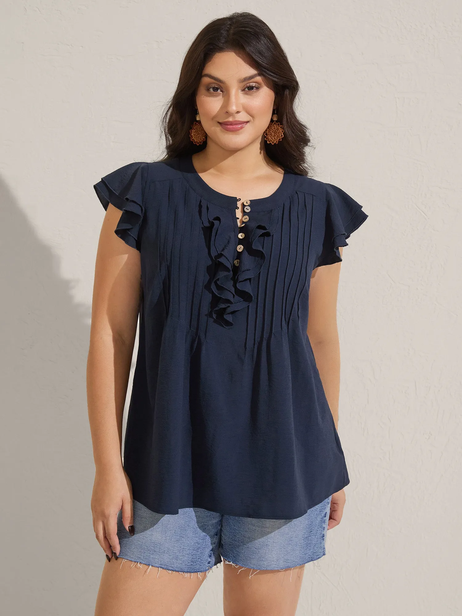 Solid Ruffle Trim Toothpick Pleat Blouse sold by Bloomchic product image thumbnail 2