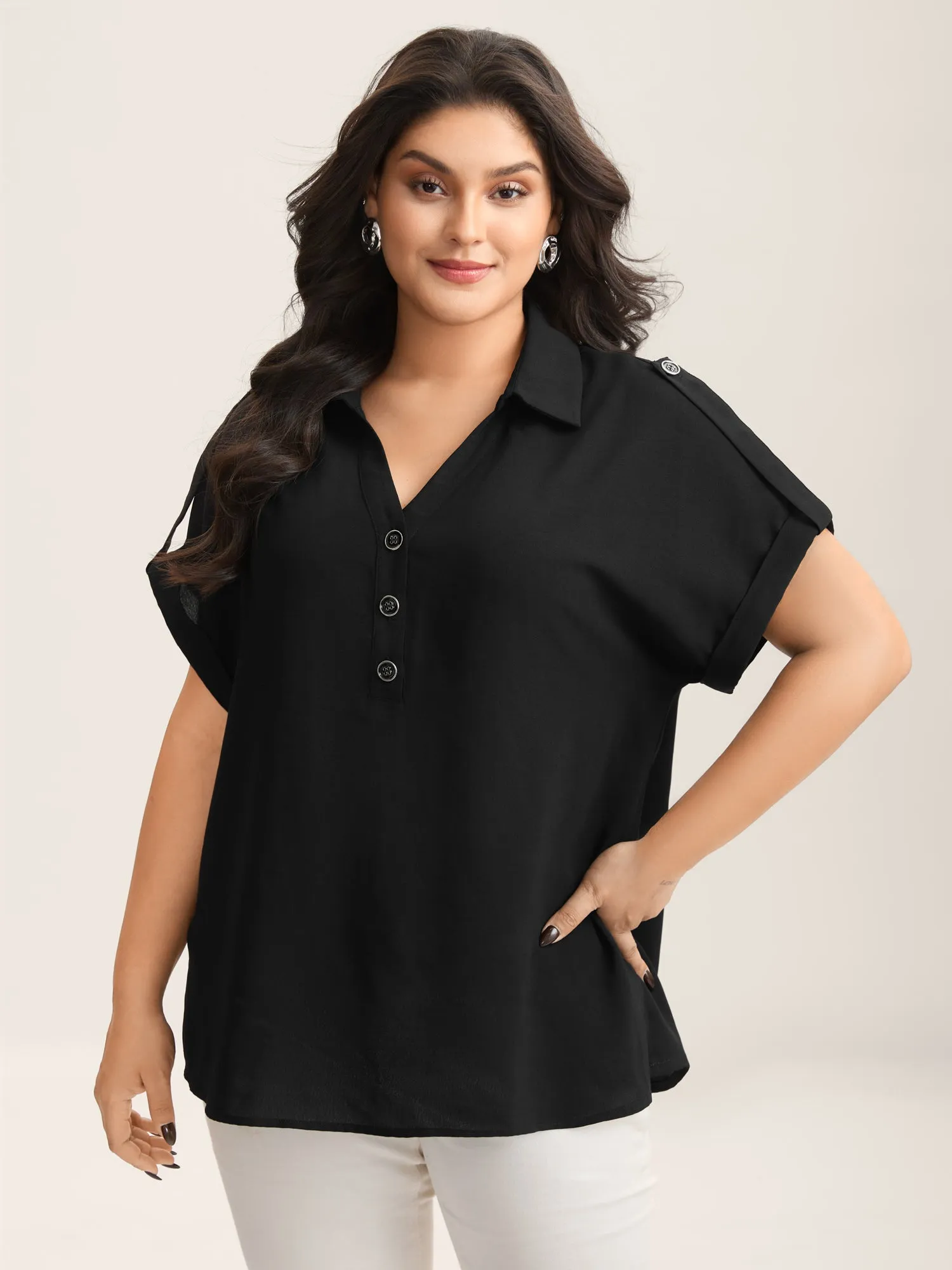 Button Placket Tab Sleeve Blouse sold by Bloomchic