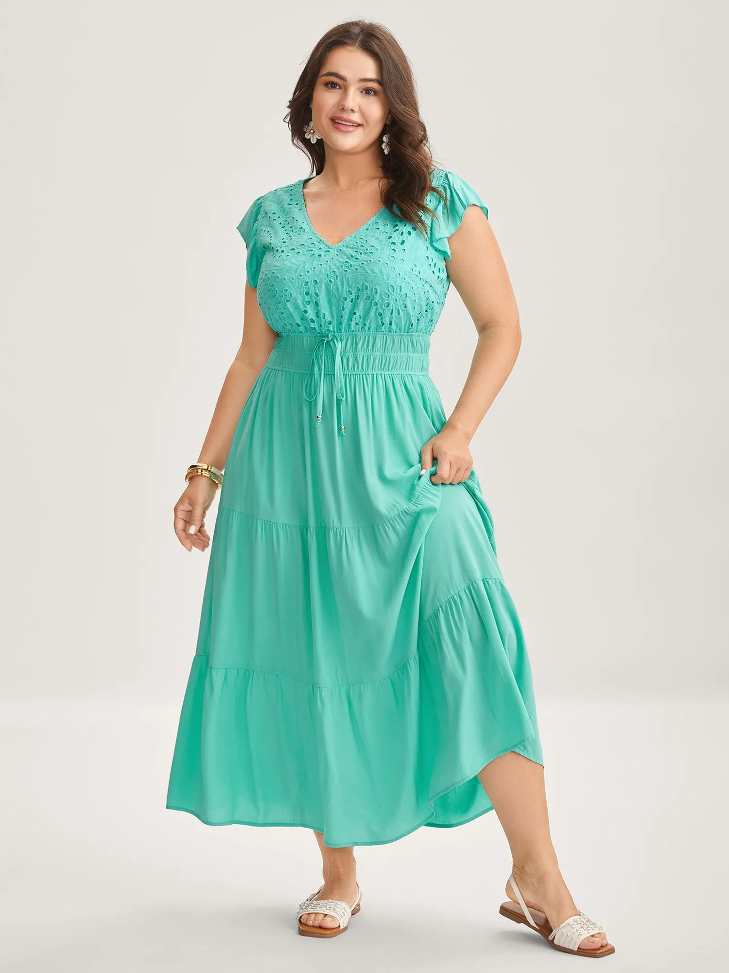 Cotton Embroidered Tie Pockets Midi Dress sold by Bloomchic