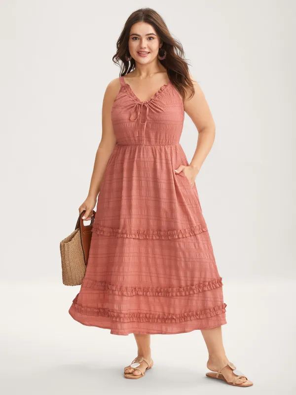 Textured Neck-Tie Layered Pockets Midi Dress sold by Bloomchic