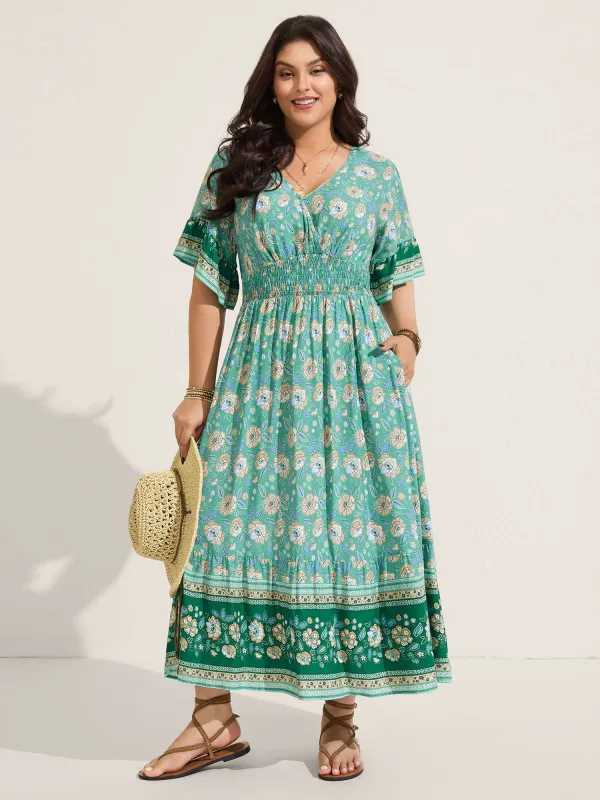 Floral Bell Sleeve Shirred Waist Midi Dress sold by Bloomchic