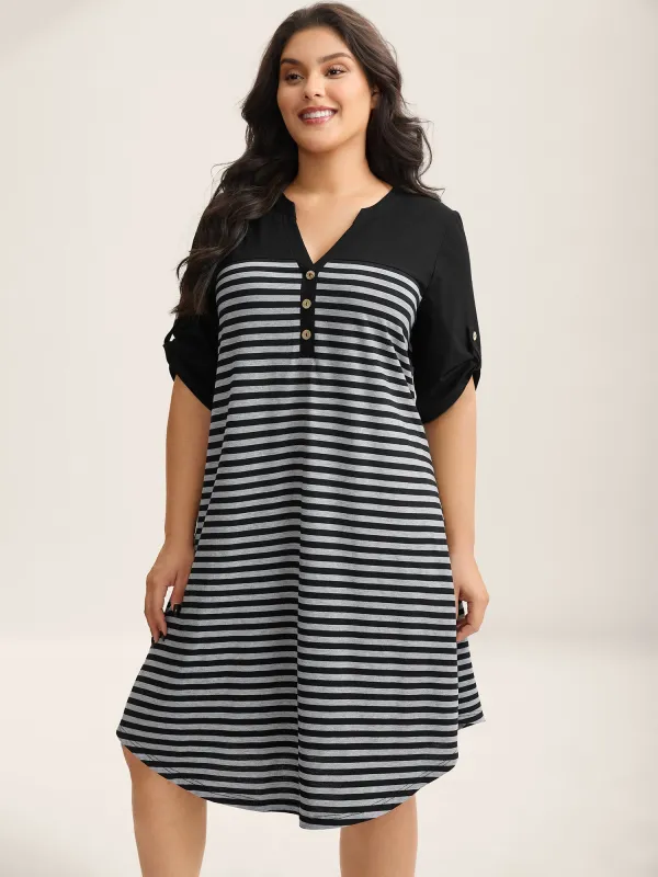 Stripes Button Tab Sleeve Midi Dress sold by Bloomchic