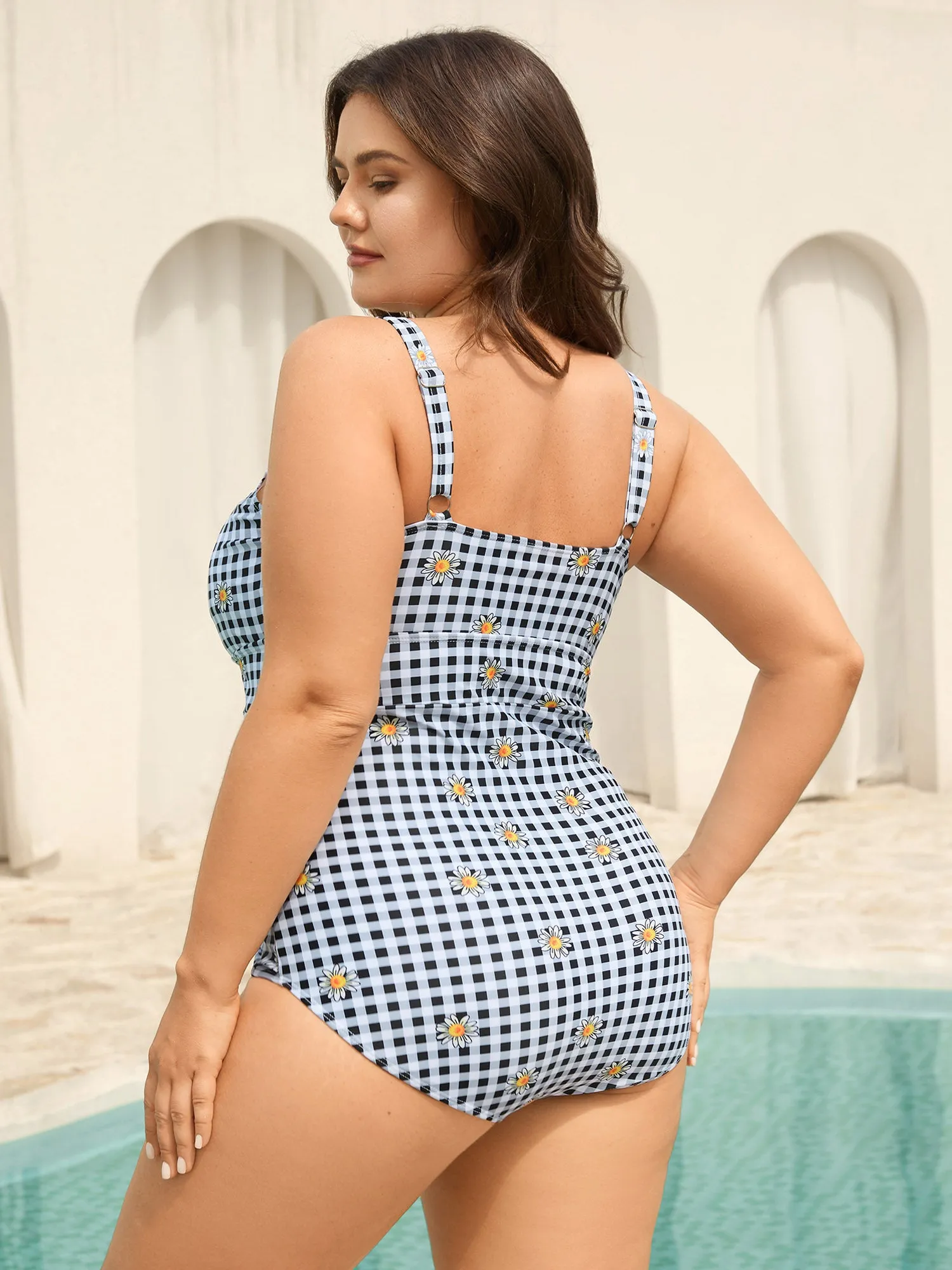 Plaid Floral Print Drawstring One-Piece Swimsuit sold by Bloomchic product image thumbnail 2