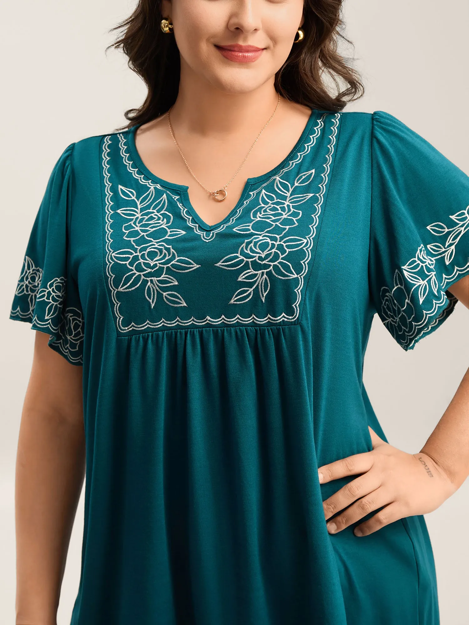 Floral Embroidery Split Neck Flowy Top sold by Bloomchic product image thumbnail 2