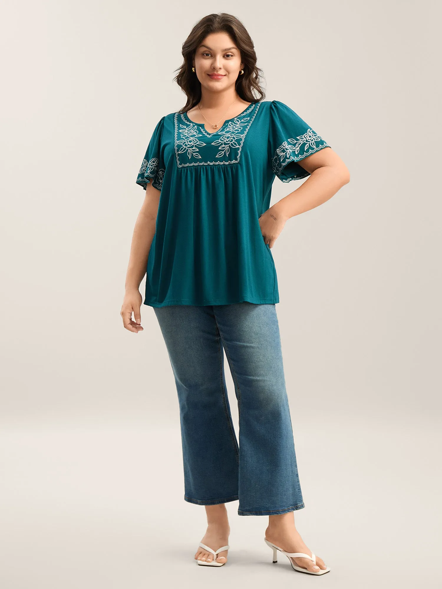 Floral Embroidery Split Neck Flowy Top sold by Bloomchic product image thumbnail 3