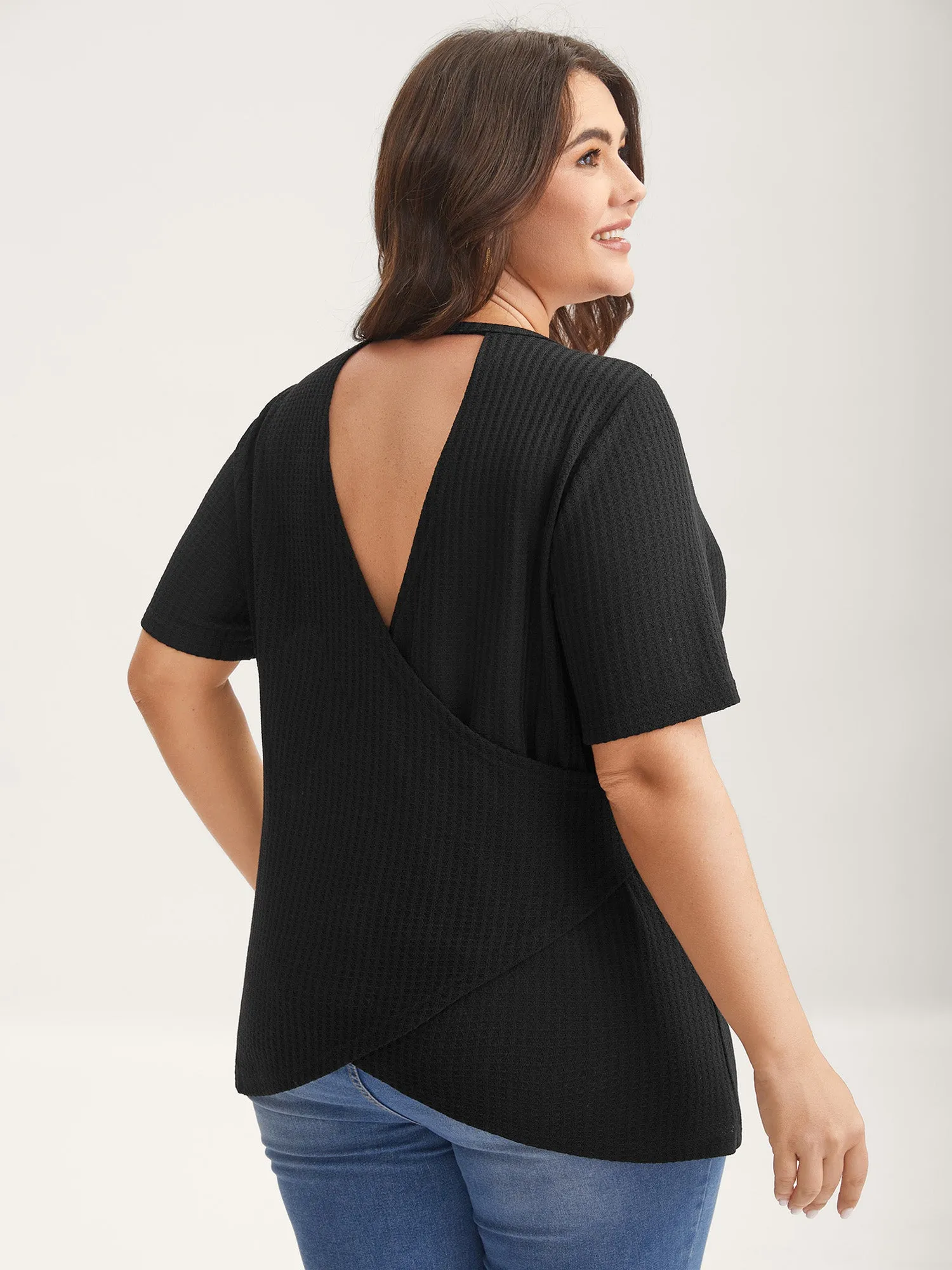 Waffle Grid Stretchy Overlap Back Top sold by Bloomchic