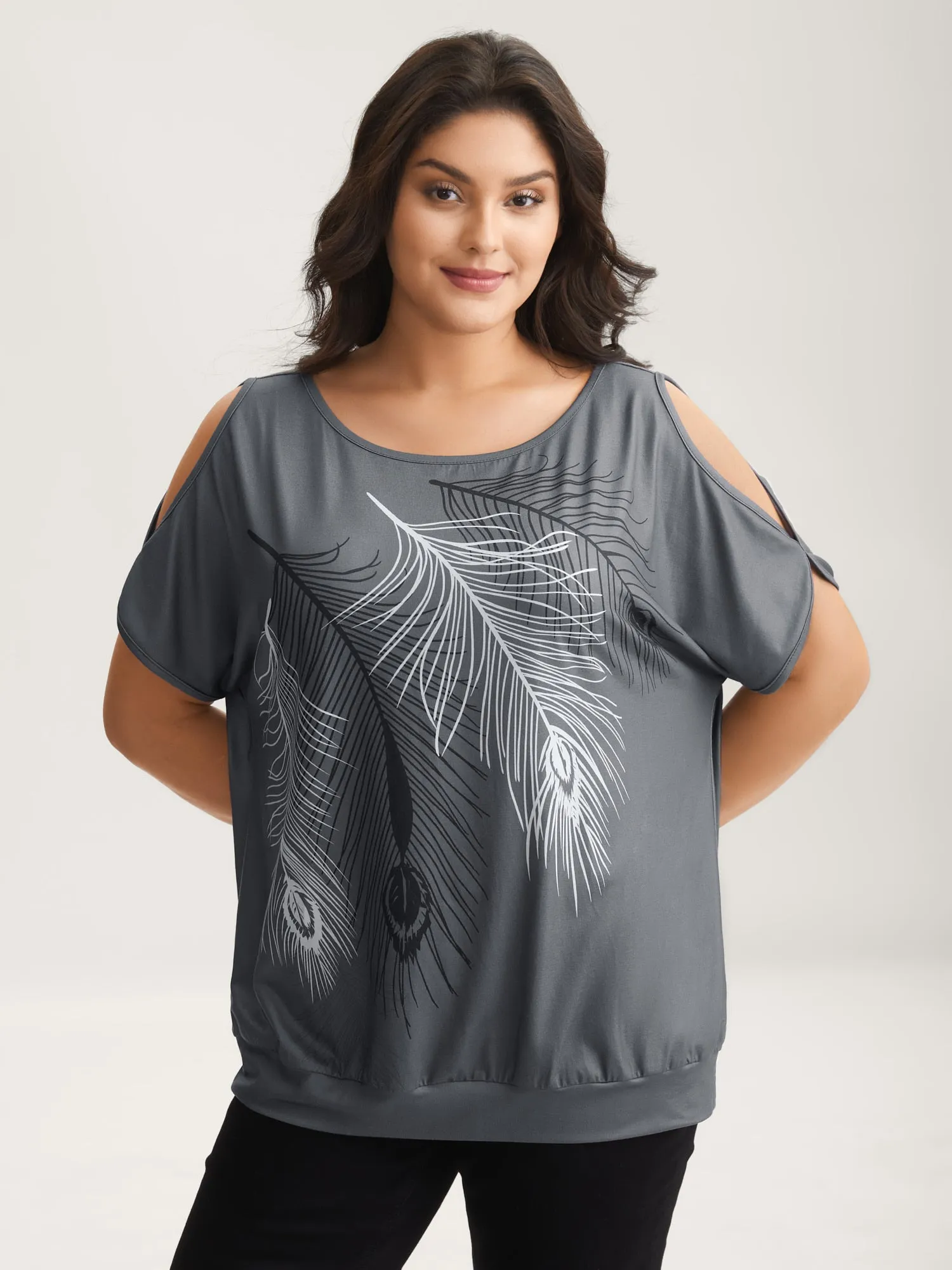 Stretchy Feather Print Cut-Out Sleeve T-Shirt sold by Bloomchic