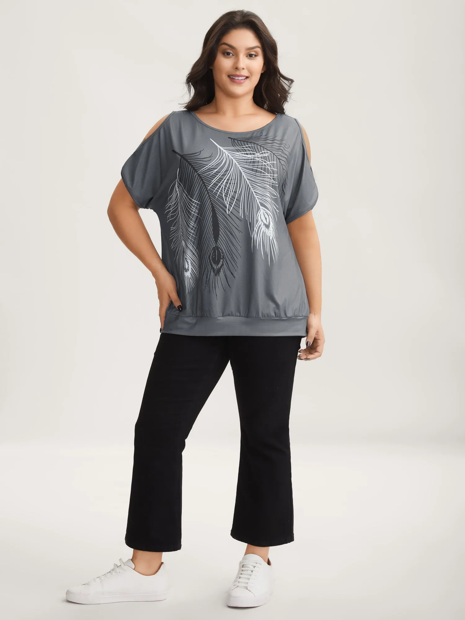 Stretchy Feather Print Cut-Out Sleeve T-Shirt sold by Bloomchic product image thumbnail 4