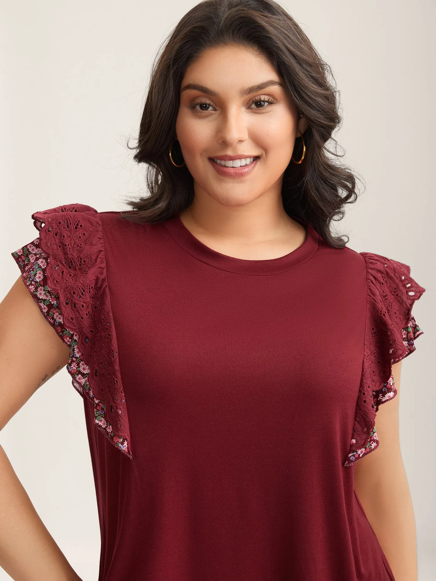 Eyelet Trim Flutter Sleeve Knit Top sold by Bloomchic