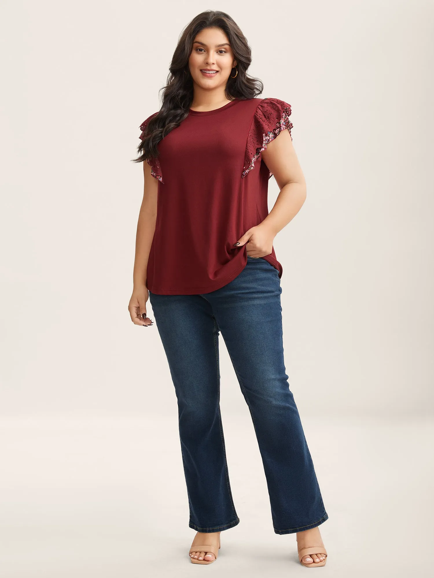 Eyelet Trim Flutter Sleeve Knit Top sold by Bloomchic product image thumbnail 3