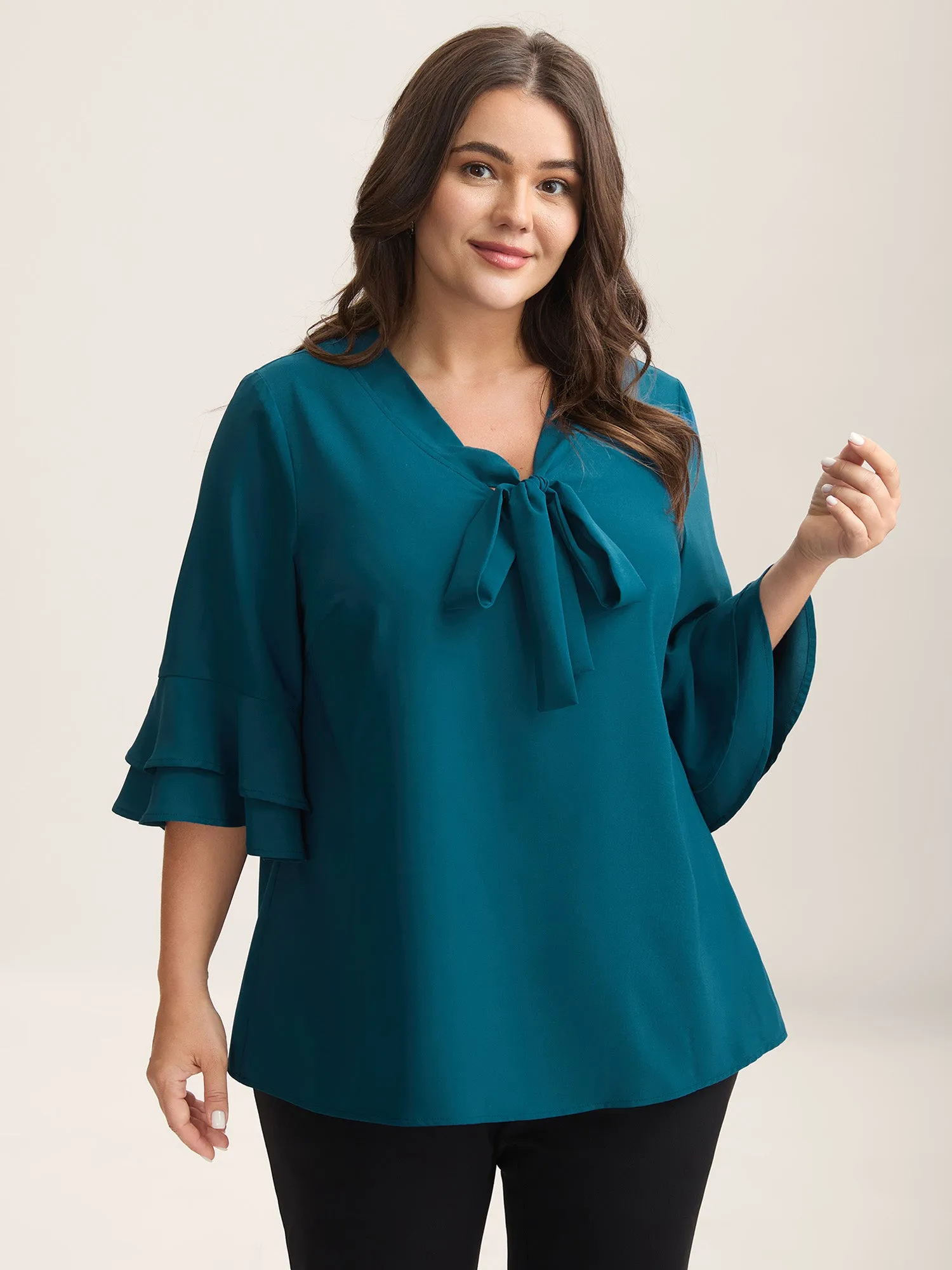 Ribbon Collar Double Lotus Sleeve Blouse sold by Bloomchic