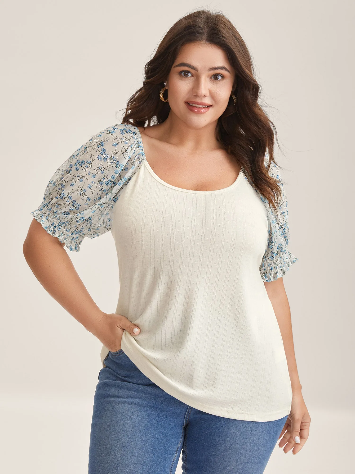 Floral Puff Sleeve Textured T-Shirt sold by Bloomchic