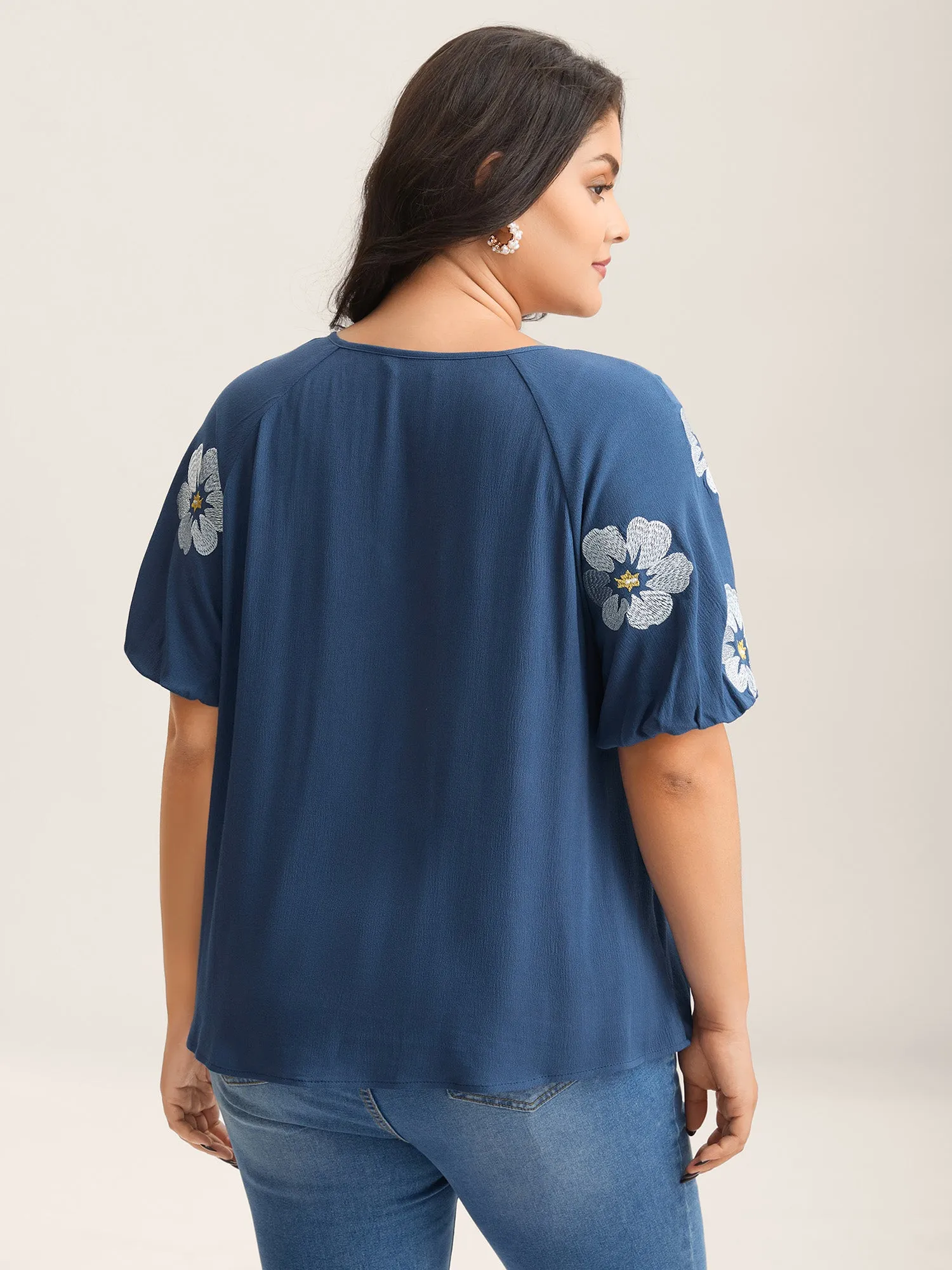 Floral Embroidery Textured Neck Tie Blouse sold by Bloomchic product image thumbnail 4