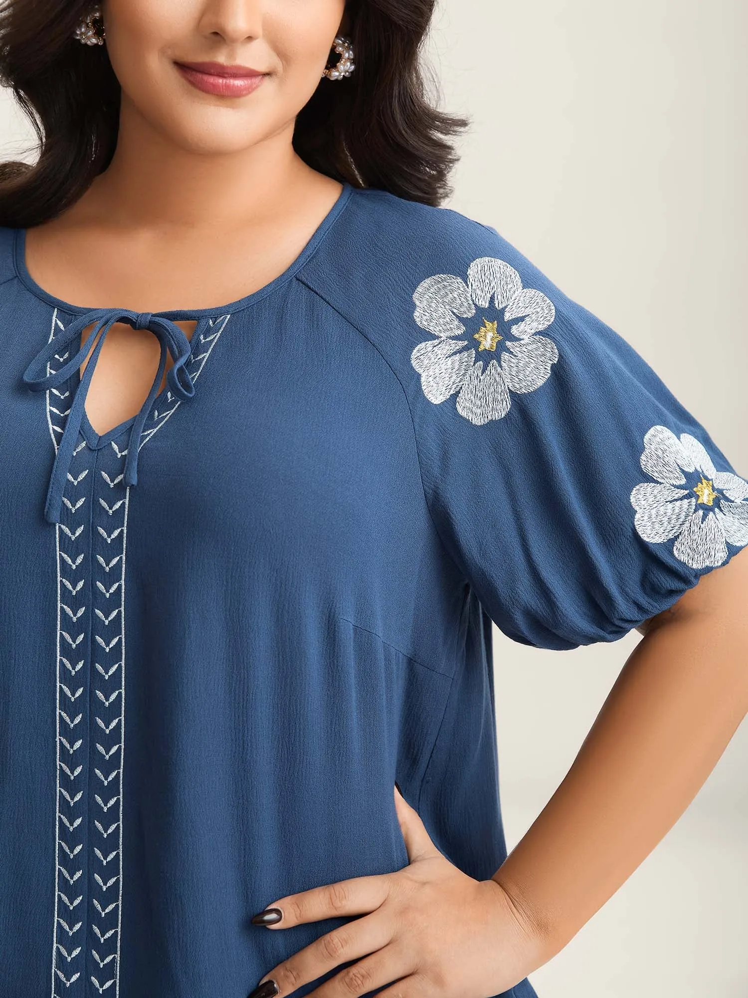Floral Embroidery Textured Neck Tie Blouse sold by Bloomchic product image thumbnail 2