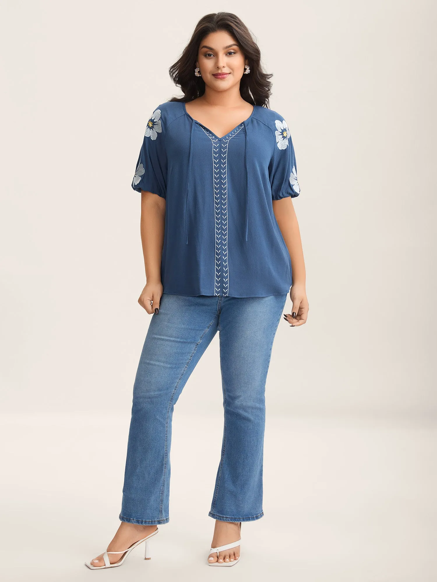 Floral Embroidery Textured Neck Tie Blouse sold by Bloomchic product image thumbnail 3