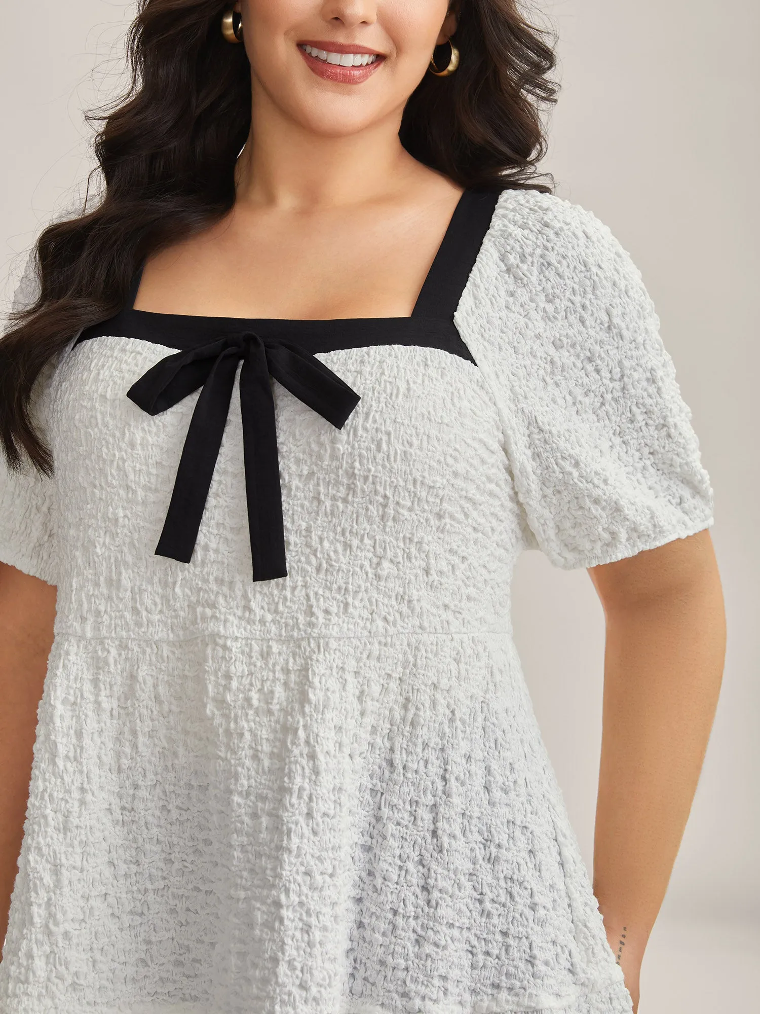 Textured Bow-Tie Color Contrast Top sold by Bloomchic