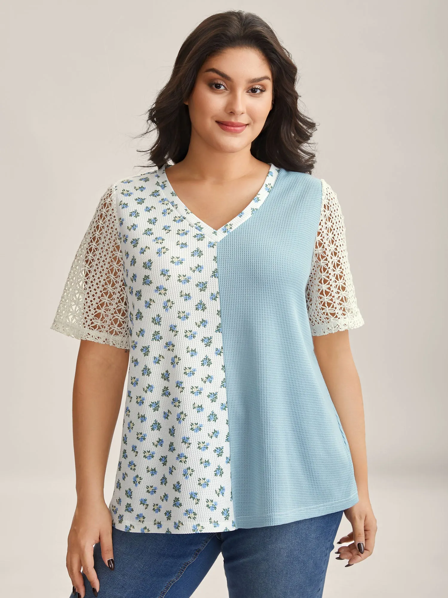 Waffle Grid Floral V-Neck T-Shirt sold by Bloomchic