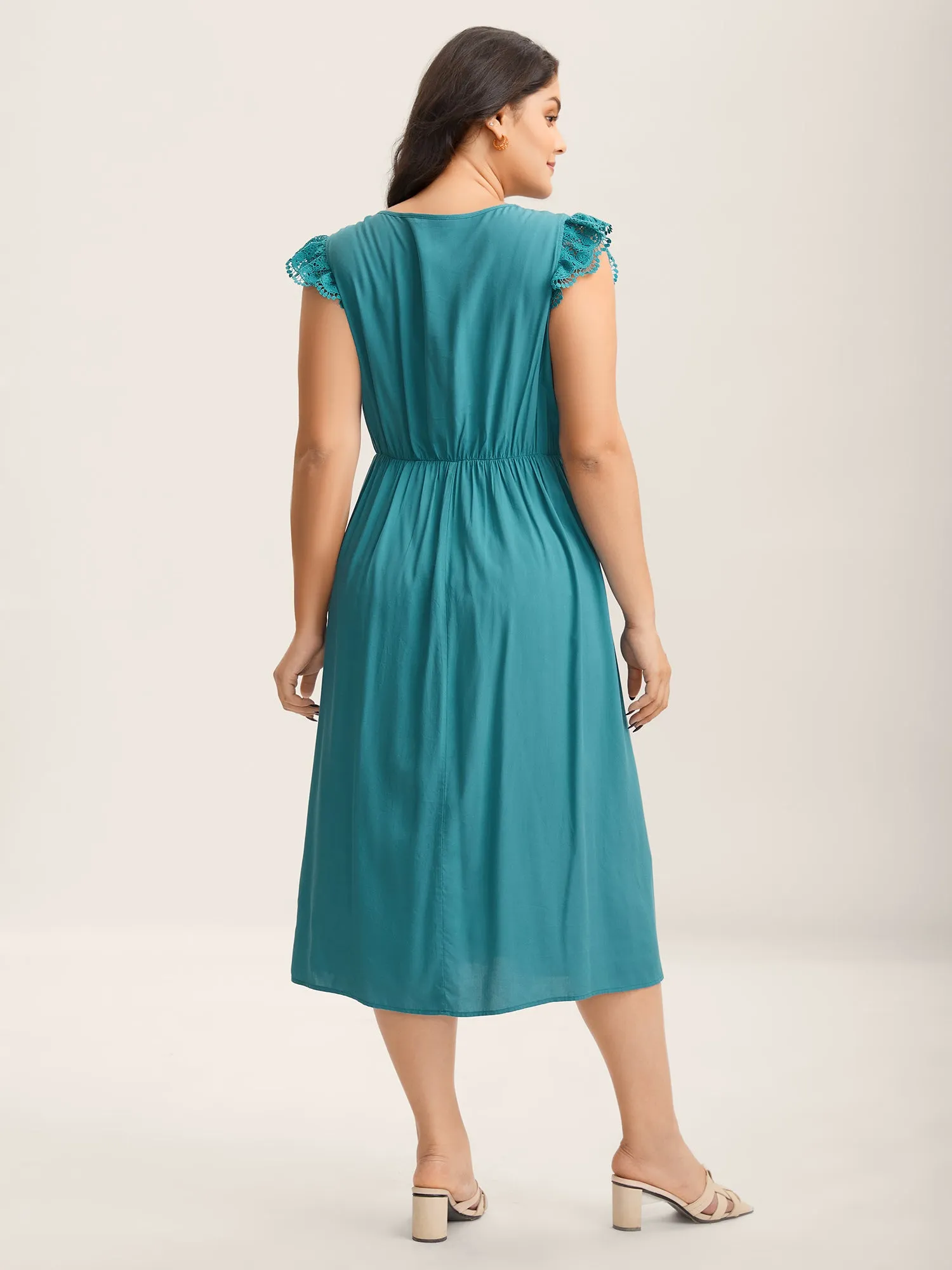 Lace Detail Pockets Flutter Sleeve Midi Dress sold by Bloomchic product image thumbnail 4