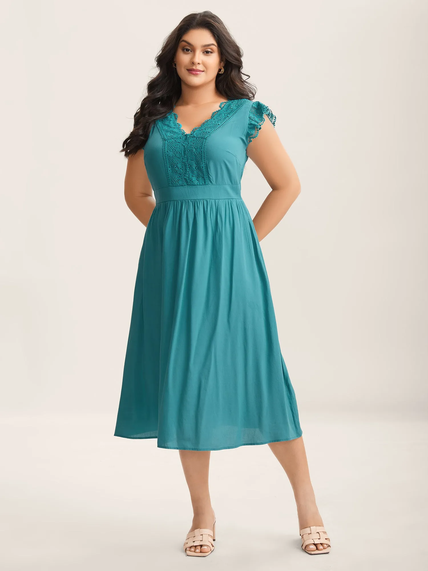 Lace Detail Pockets Flutter Sleeve Midi Dress sold by Bloomchic product image thumbnail 3