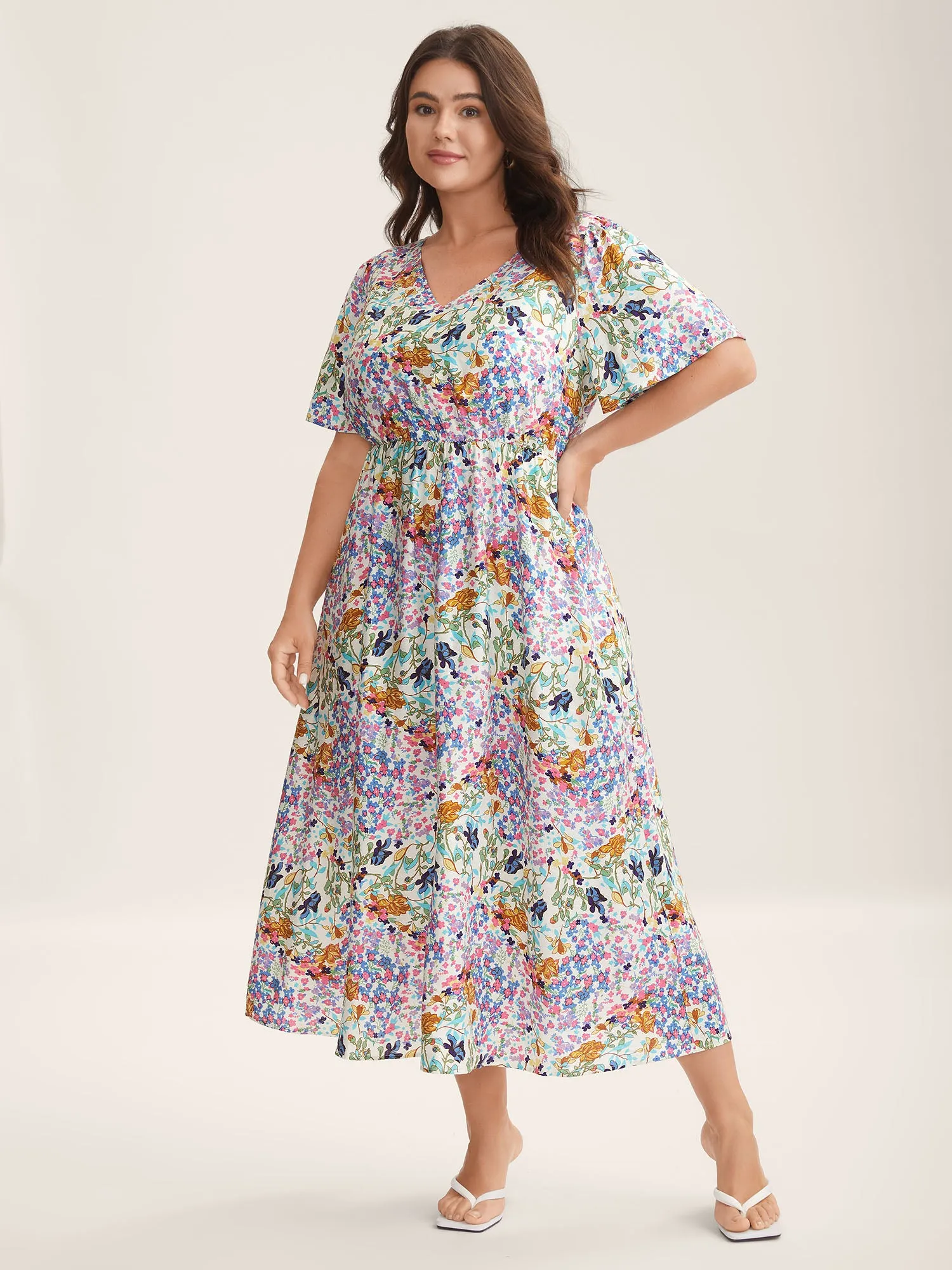 Floral Print Cinched-Waist Pockets Midi Dress sold by Bloomchic product image thumbnail 3