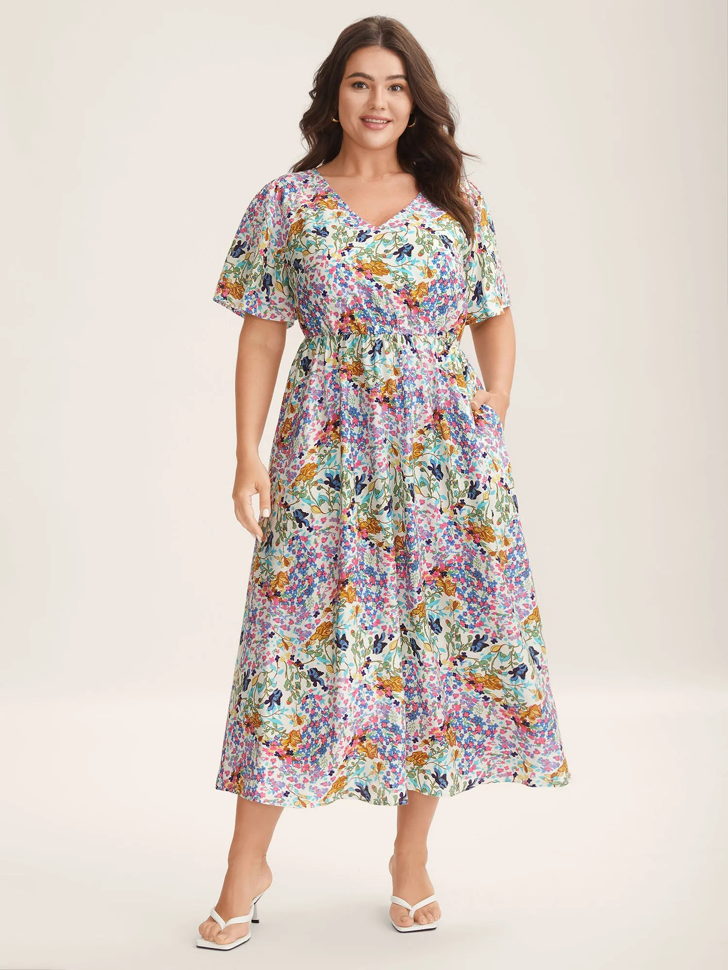 Floral Print Cinched-Waist Pockets Midi Dress sold by Bloomchic product image thumbnail 2