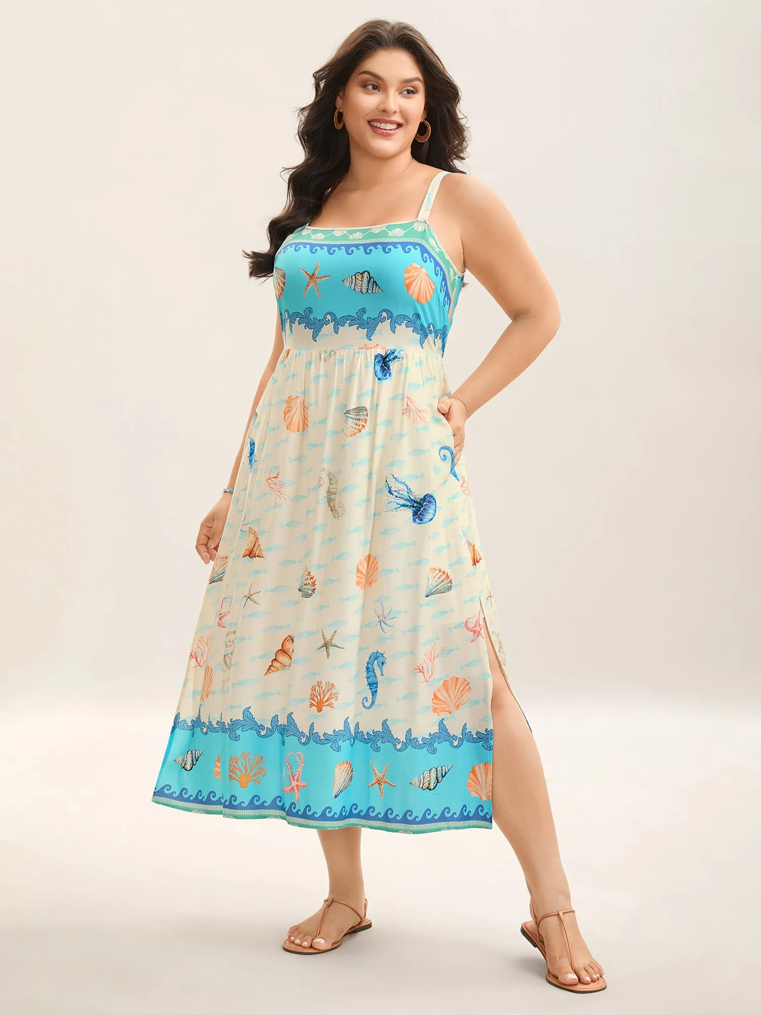 Oceanic Print Slit Sleeveless Midi Dress sold by Bloomchic