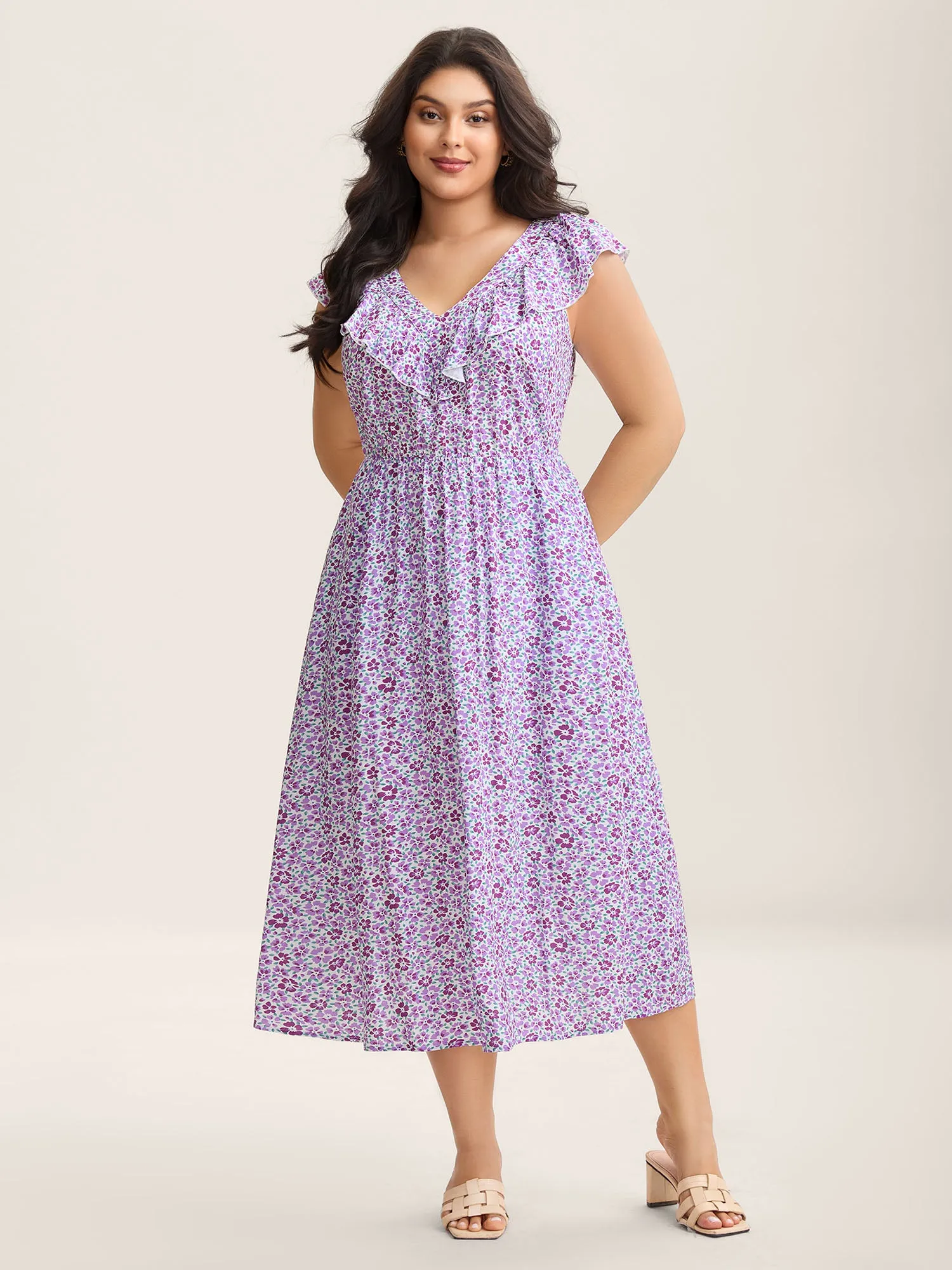 Soft Floral Print Pockets Ruffled Midi Dress sold by Bloomchic product image thumbnail 3