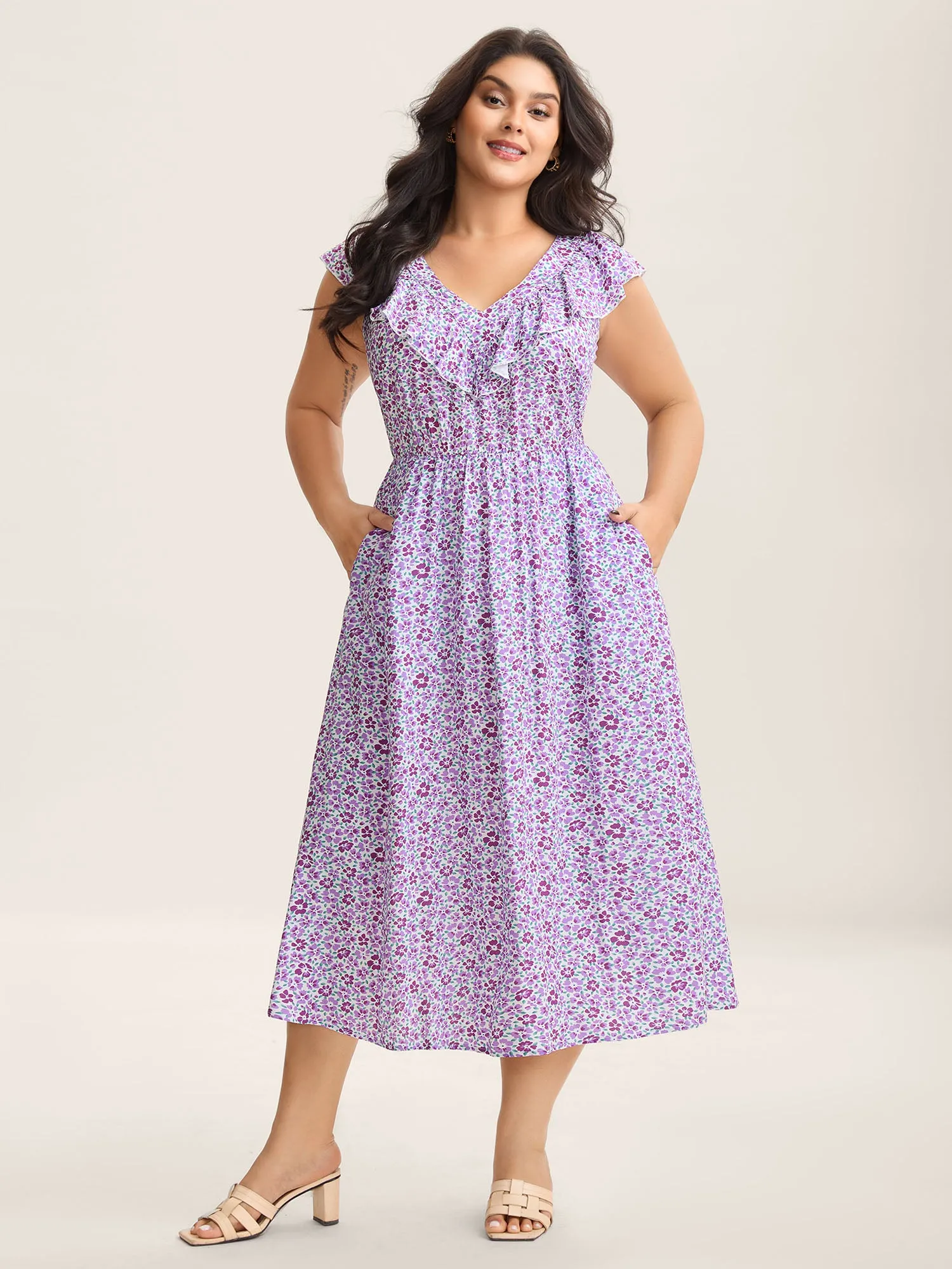 Soft Floral Print Pockets Ruffled Midi Dress sold by Bloomchic